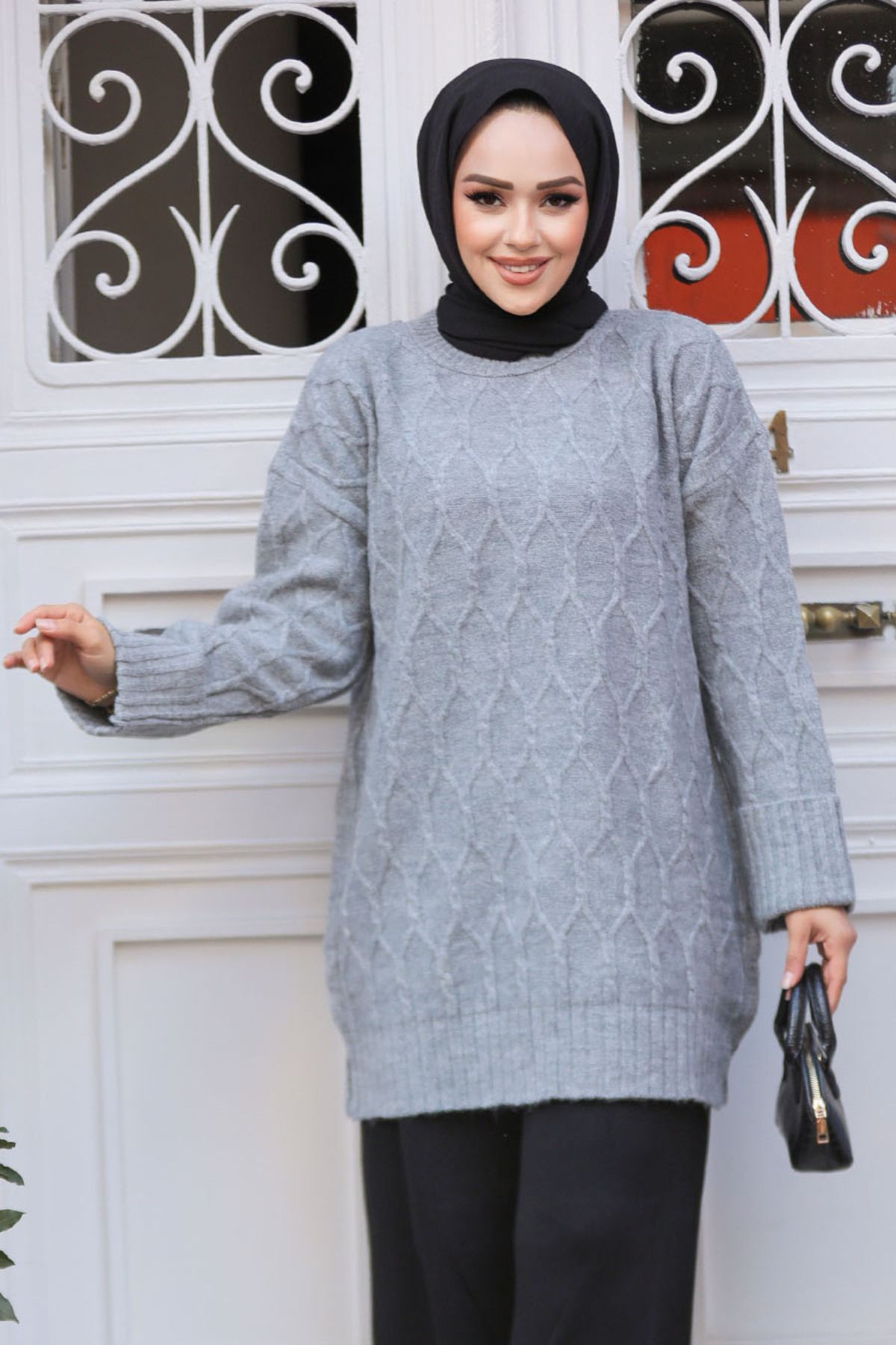 Neva Style-Diamond Patterned Gray Hijab Knitwear Tunic Sweater 10241Gr 3