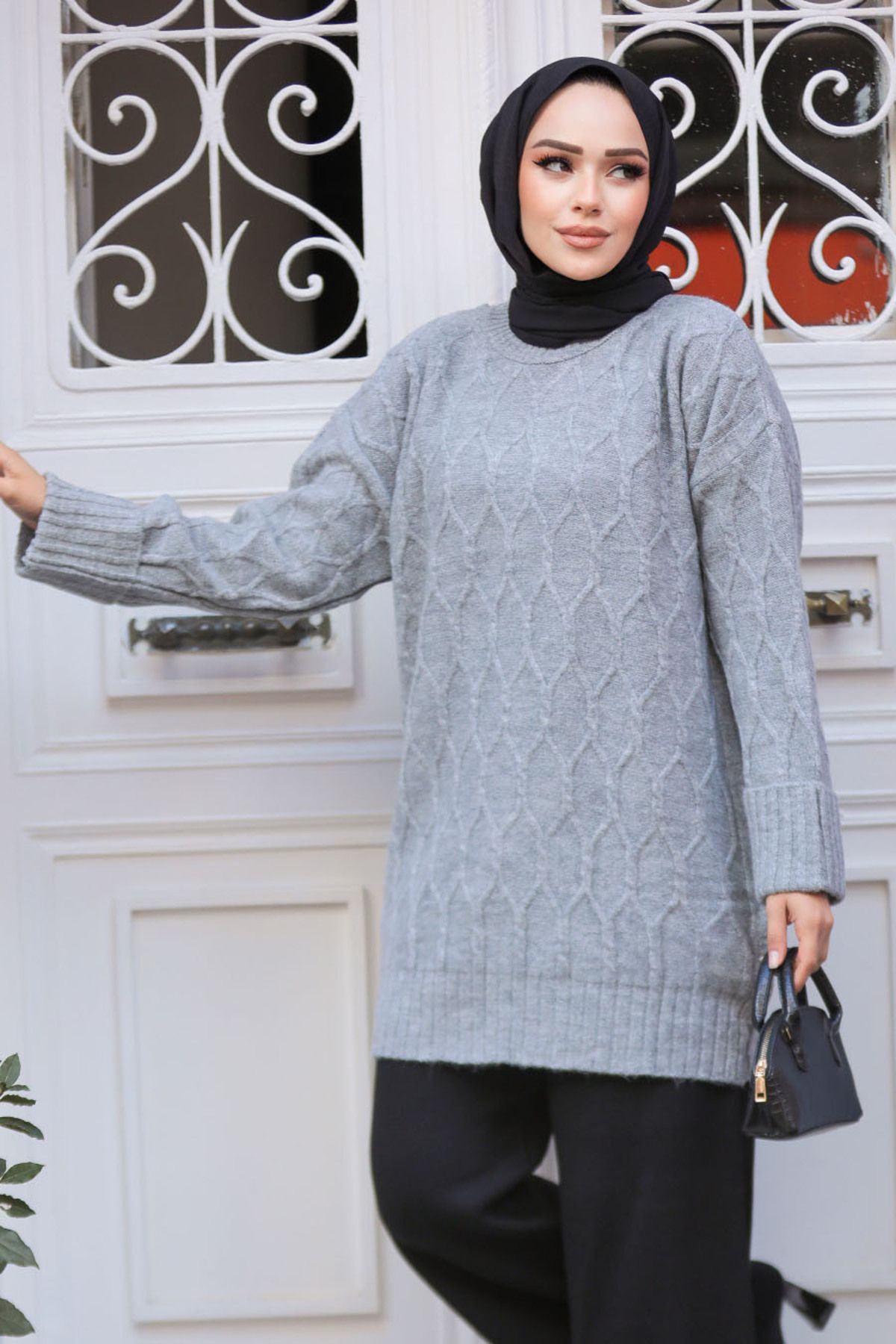 Neva Style-Diamond Patterned Gray Hijab Knitwear Tunic Sweater 10241Gr 1