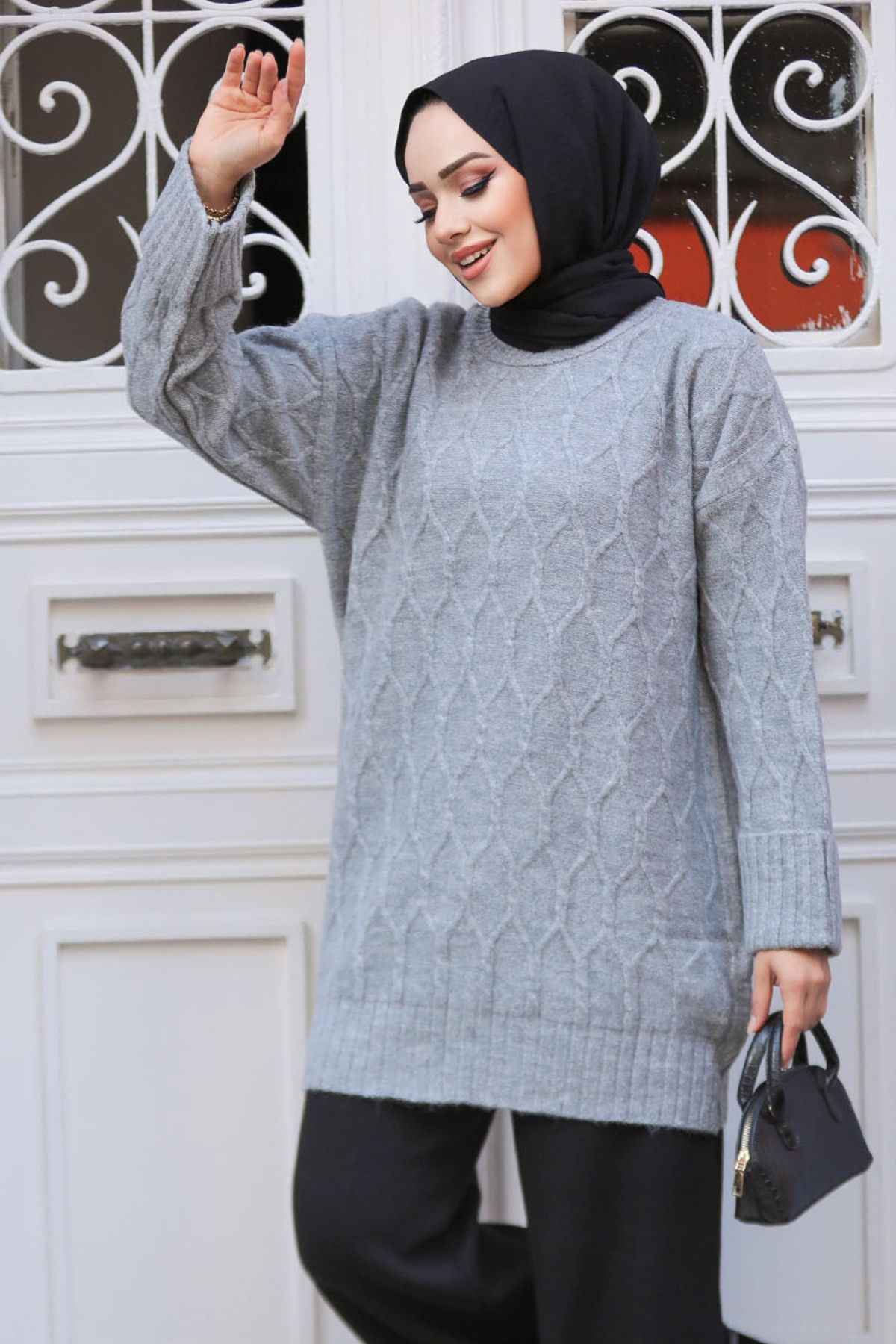 Neva Style-Diamond Patterned Gray Hijab Knitwear Tunic Sweater 10241Gr 2