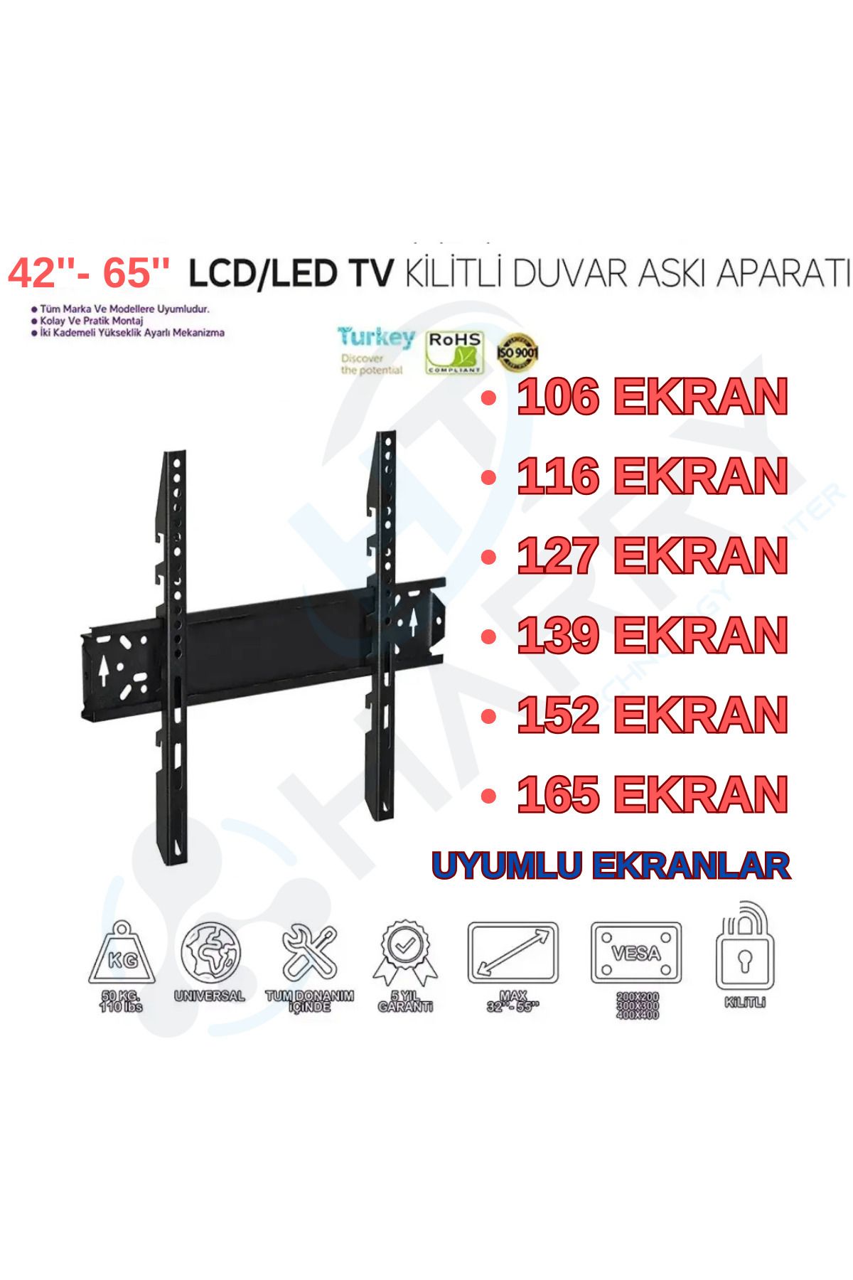 Samsung Televizyon ile Uyumlu Kilitli Lcd Askı Aparatı Sabit 42"/55"/65" 106-120-139-140-152-165cm