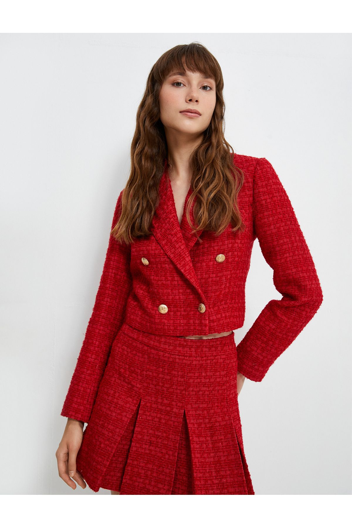 Koton-Crop Tweed Blazer Jacket Buttoned Double Breasted Collar 2