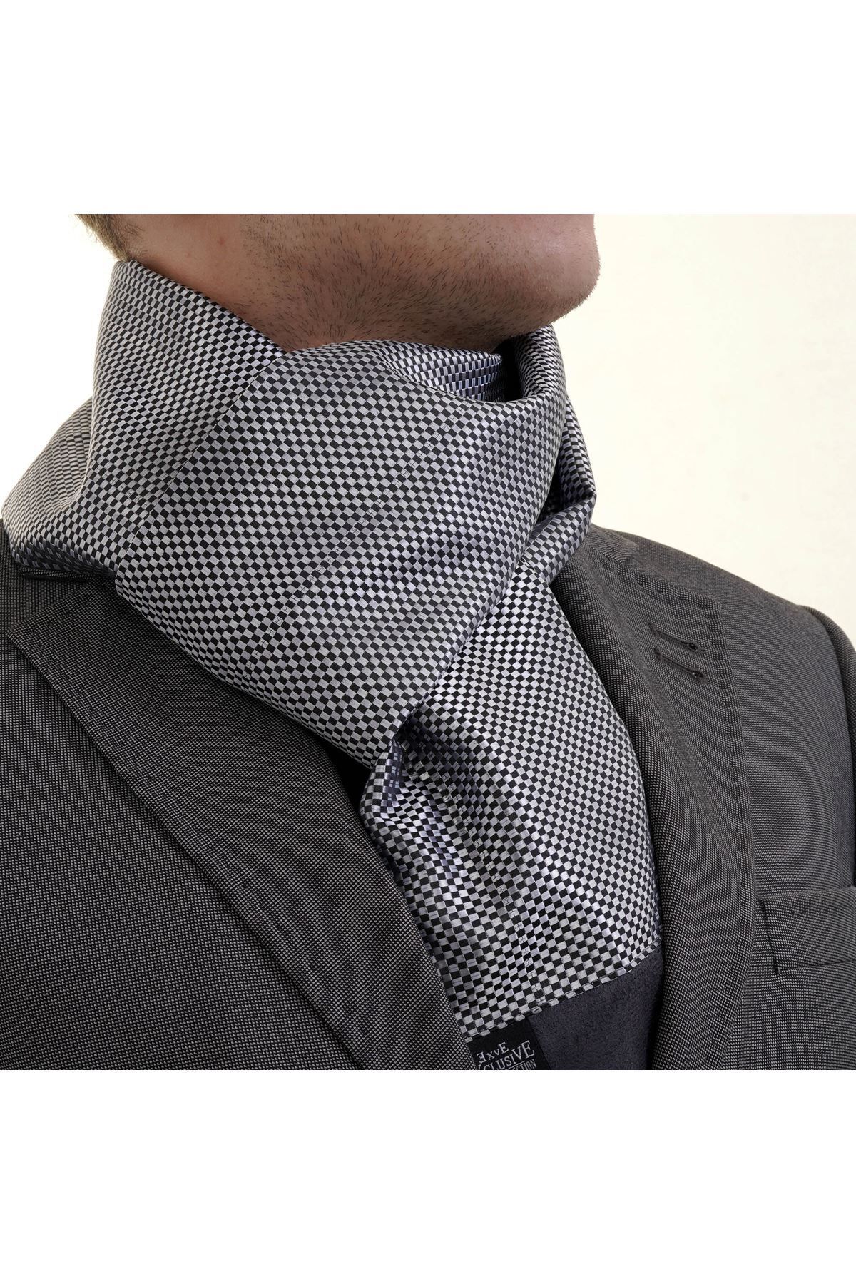 Exve Exclusive-Model de șah negru gri, țesătură clasică din lână jacquard, eșarfă pe două fețe 1