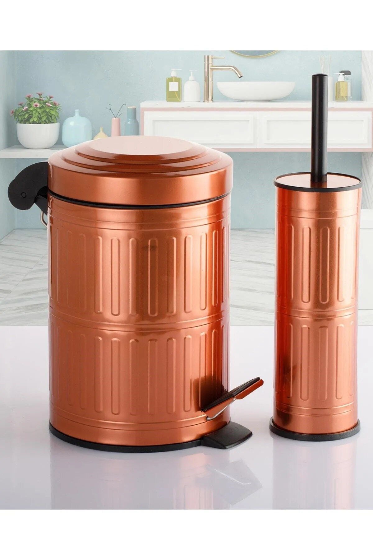 Sas Haus-Vintage Copper 5 Lt Trash Can, Wc Brush and Pedal Set 5
