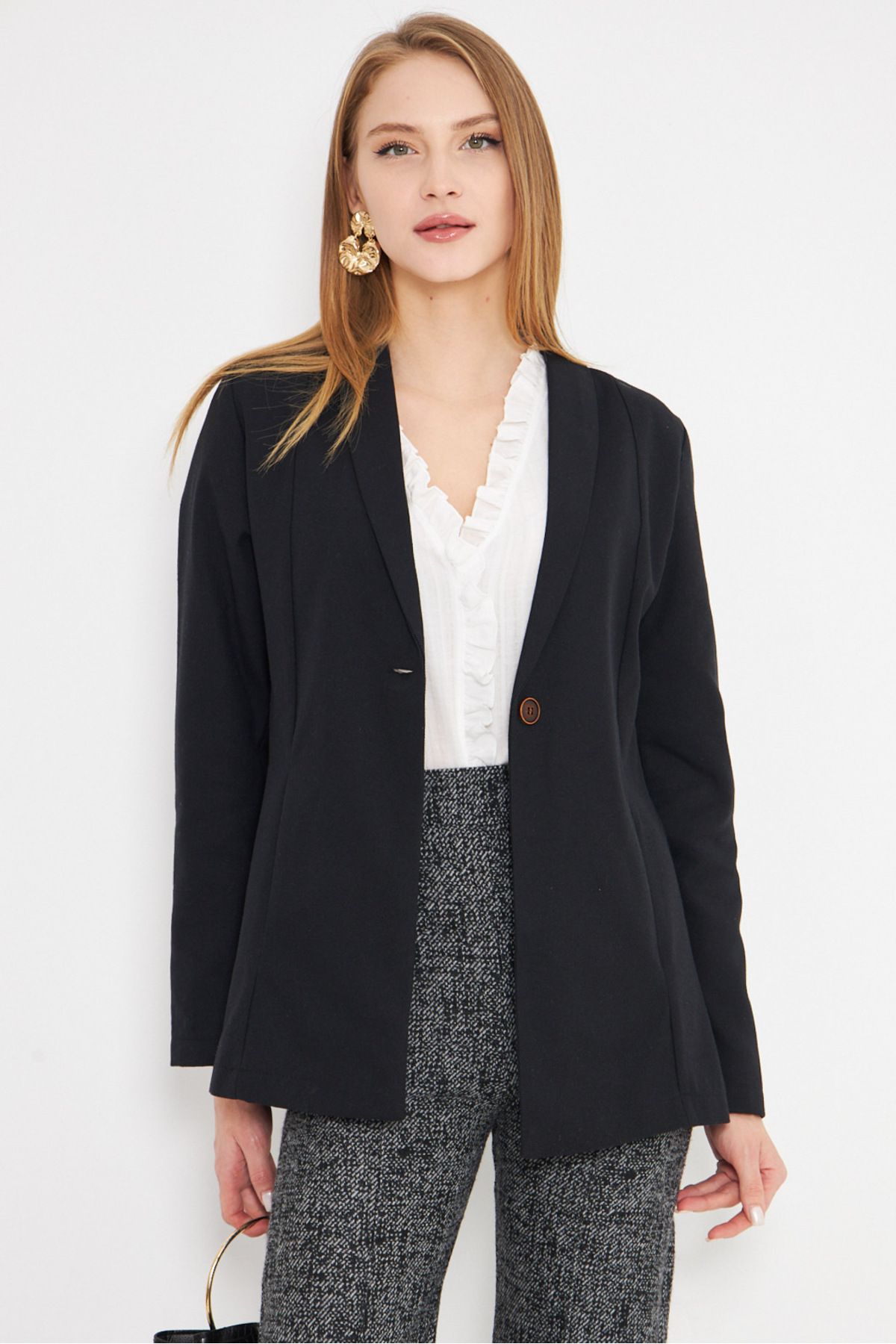 armonika-Women's Black Shawl Collar Waist Fitting Pocket Detail Single Button Jacket Arm-25K 001031 1