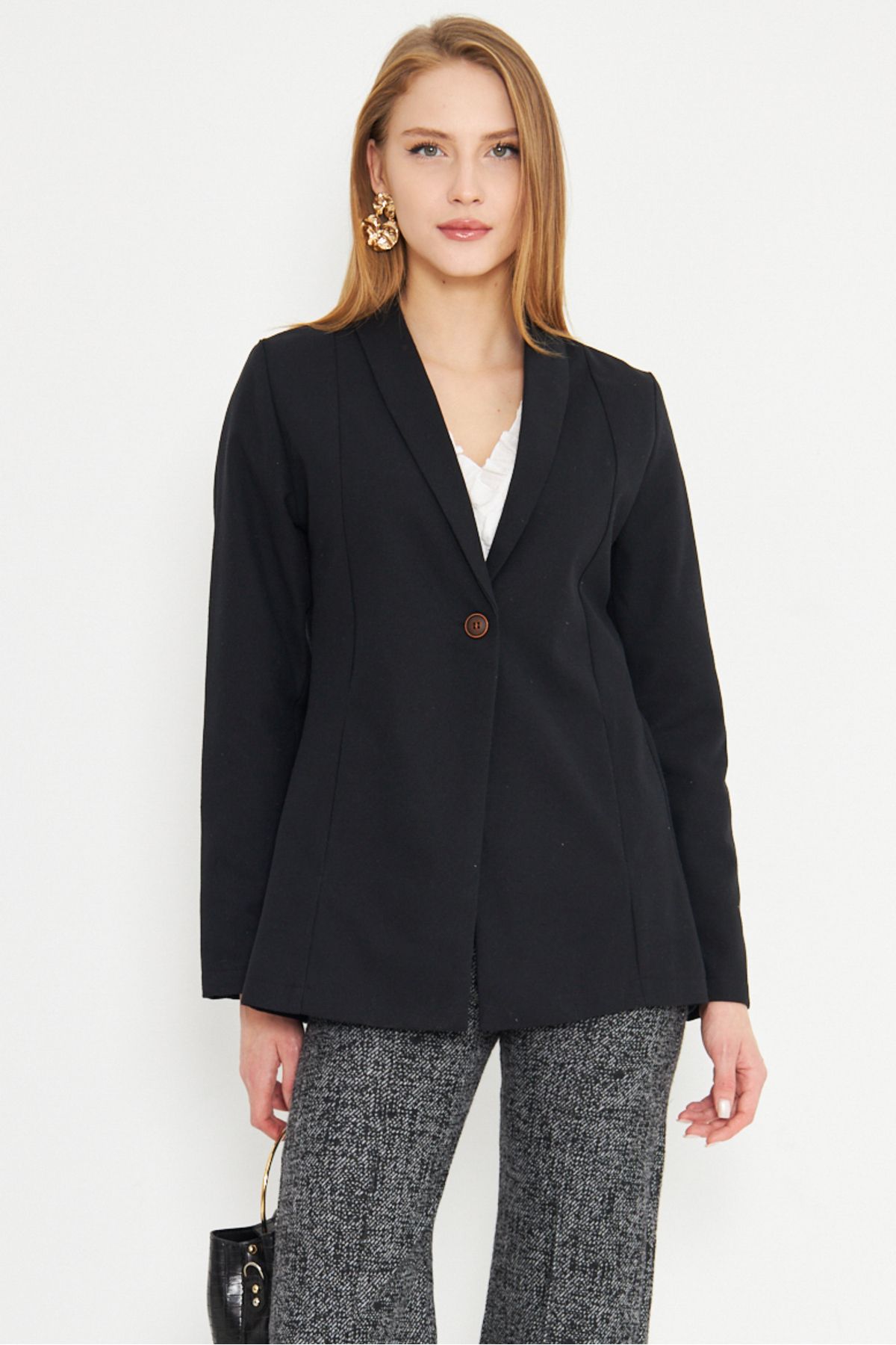 armonika-Women's Black Shawl Collar Waist Fitting Pocket Detail Single Button Jacket Arm-25K 001031 2