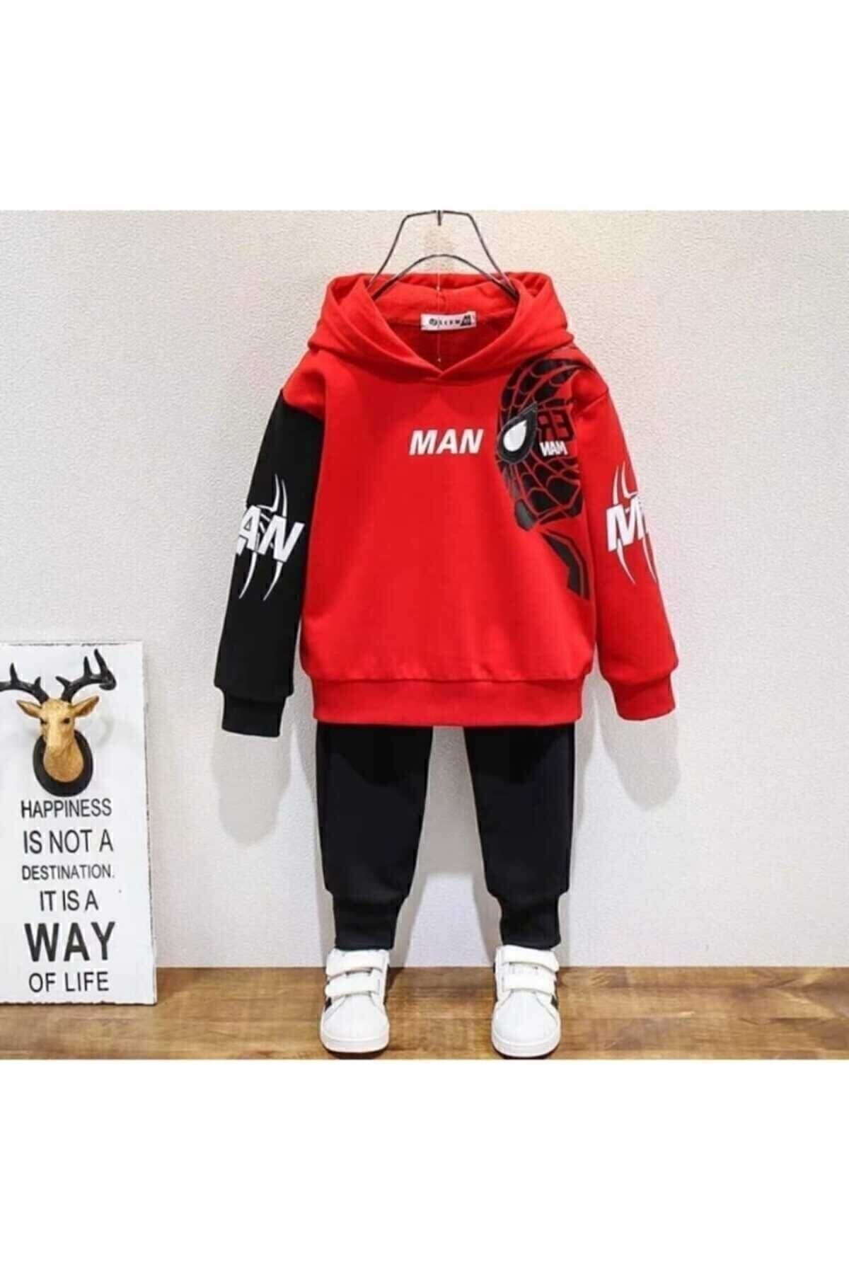Örümcek Adam-Boy's Pattern Red Color Top and Bottom 2-Piece Hooded Tracksuit Set 2