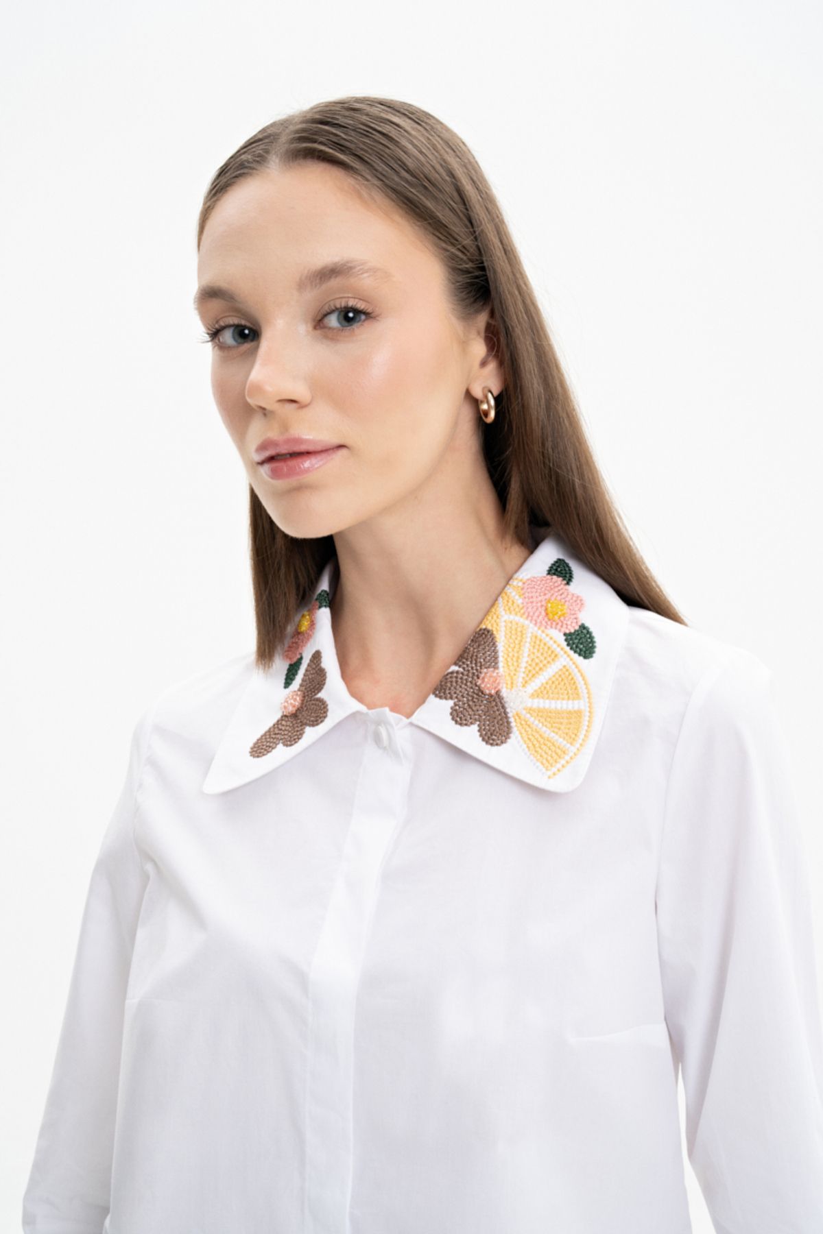 Aker-Poplin Shirt Tunic - Collar with Flower Embroidery 5