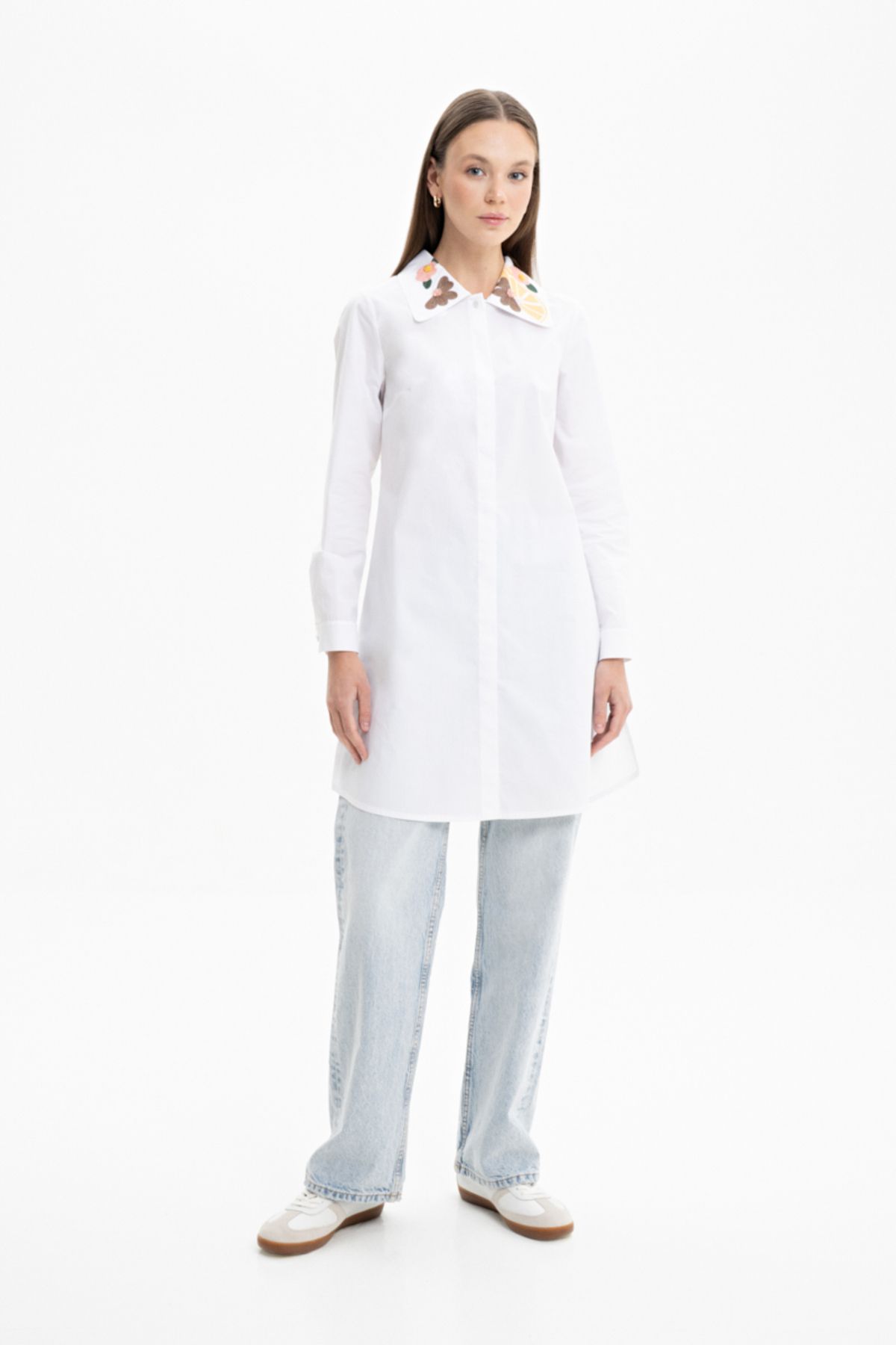 Aker-Poplin Shirt Tunic - Collar with Flower Embroidery 2