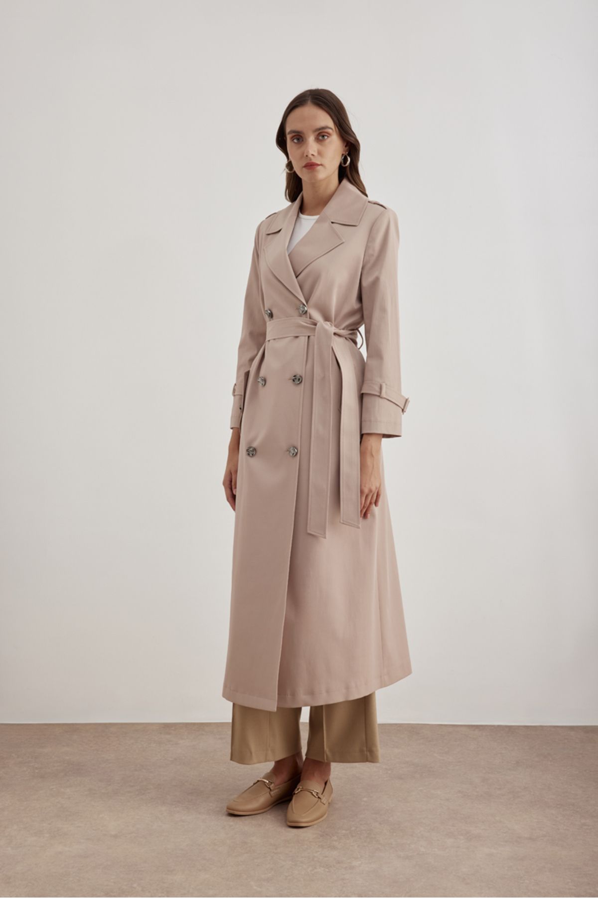 Aker-7648111   - Double-Breasted Trench Coat with Closure and Embroidery Detail 1