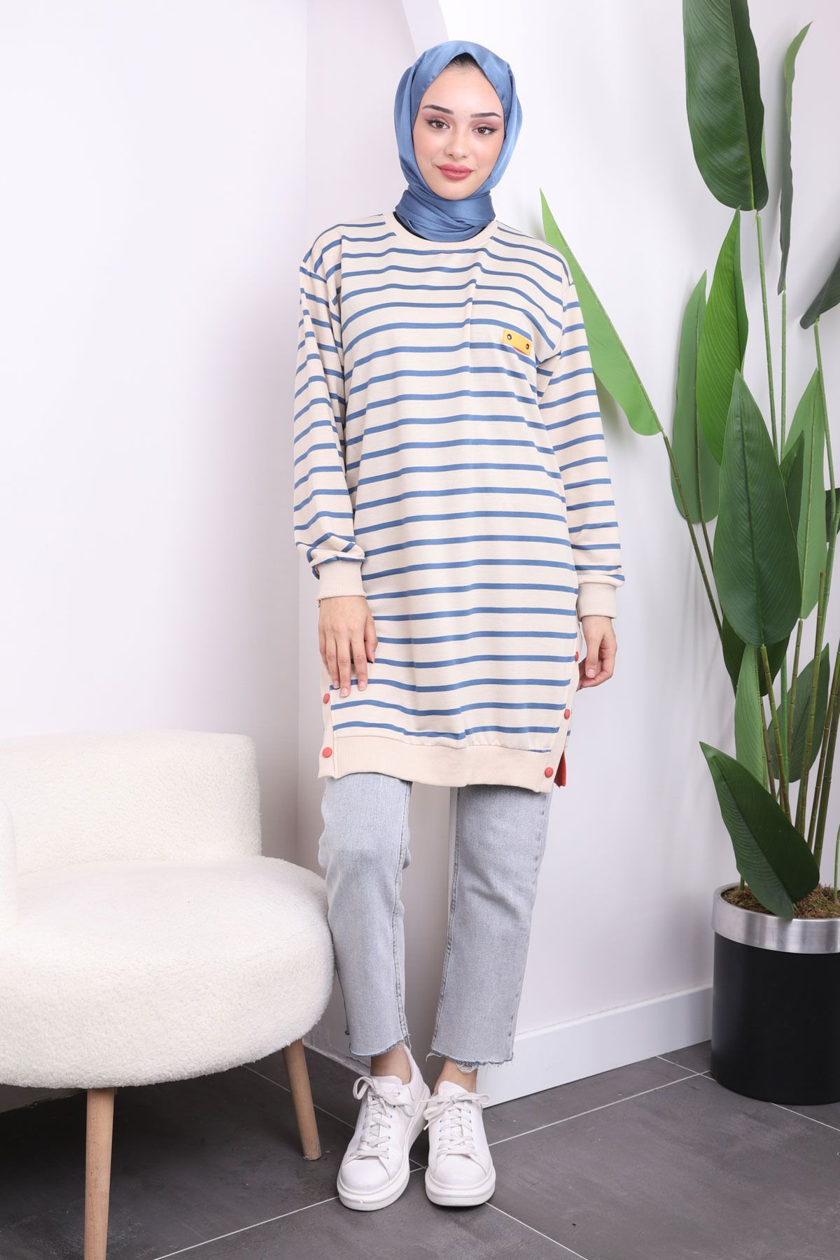 İmajButik-Indigo Striped Tunic with Snap Detail on Skirt 2