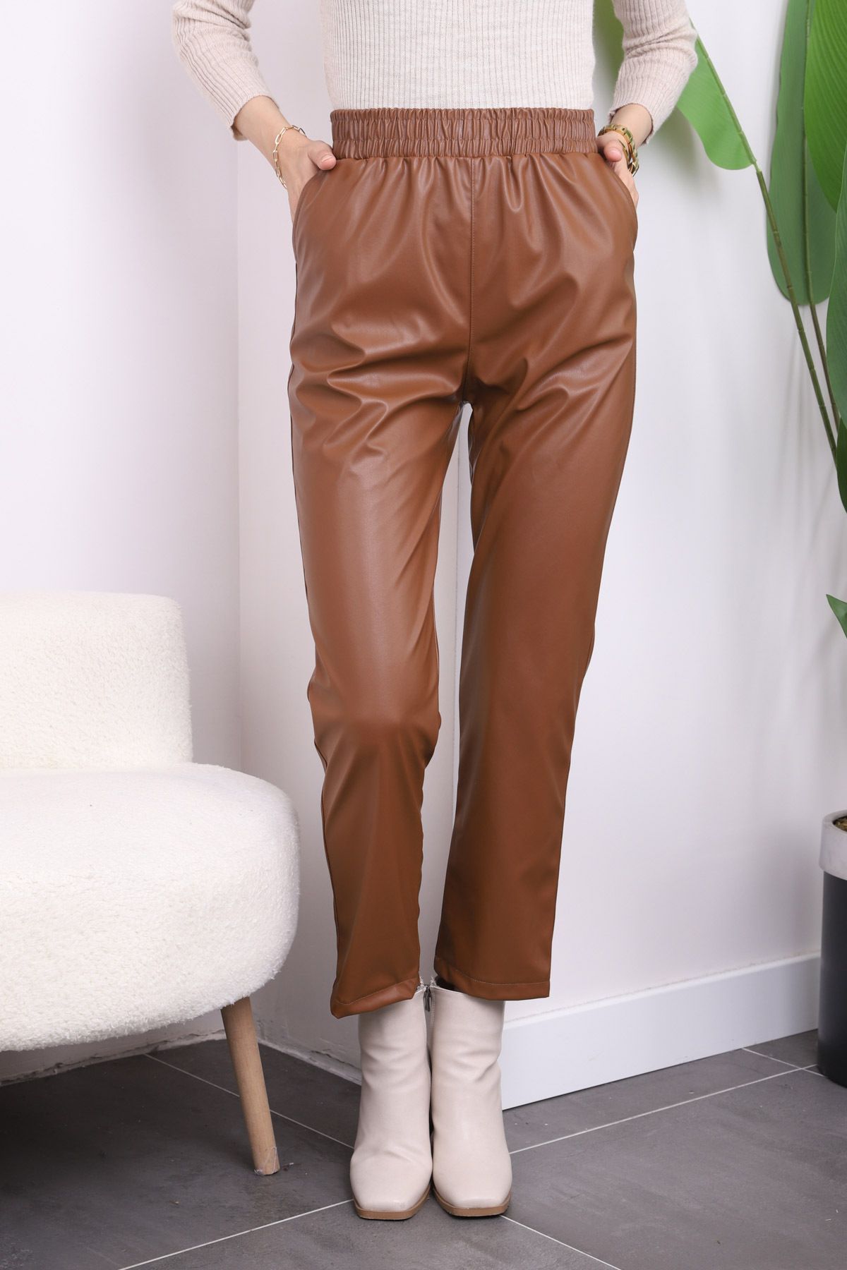 İmajButik-Tan Pocket Leather Trousers 2