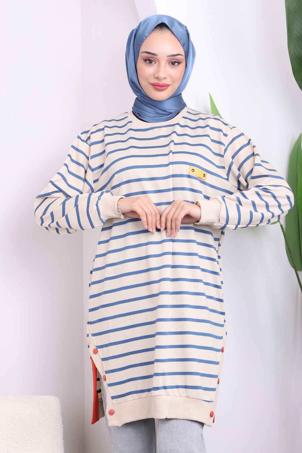 İmajButik-Indigo Striped Tunic with Snap Detail on Skirt 1