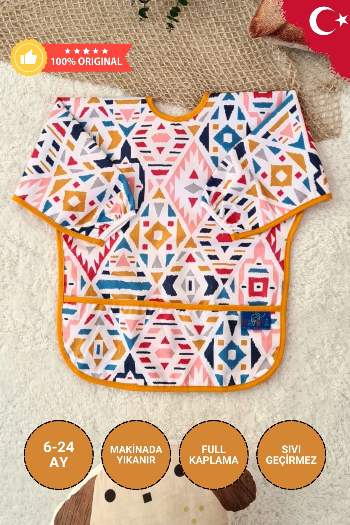 Anatolia Desenli Sıvı Geçirmez Unisex Aktivite ve Mama Önlüğü 6-24 Ay