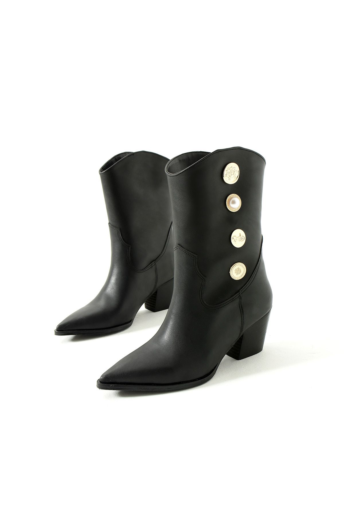 Gökçe Shoes-Tiana Black Accessory Detail Women's Heeled Boots 1