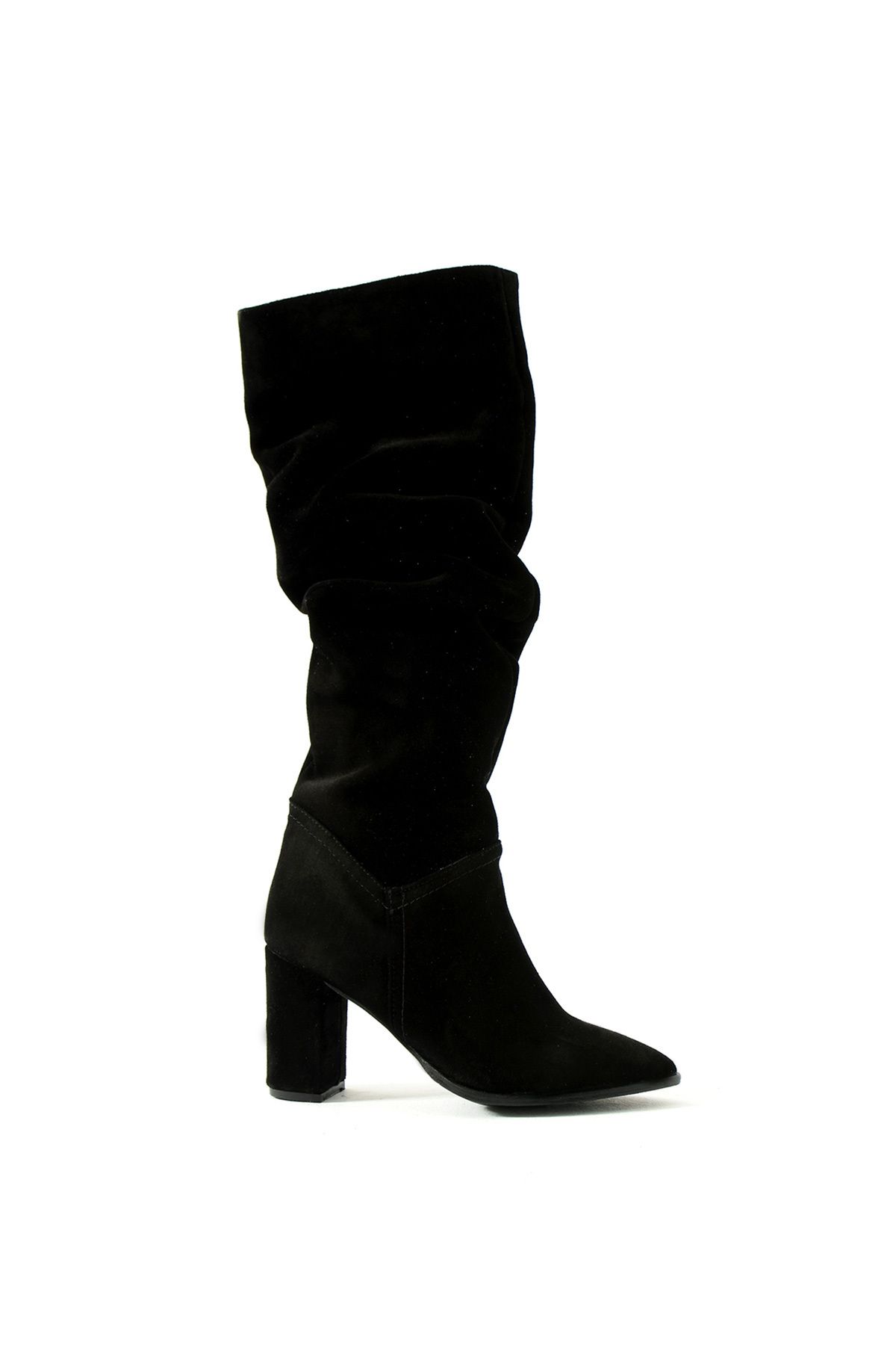 Gökçe Shoes-Oriana Black Real Leather Suede Bellows Detail Women's Heeled Boots 2