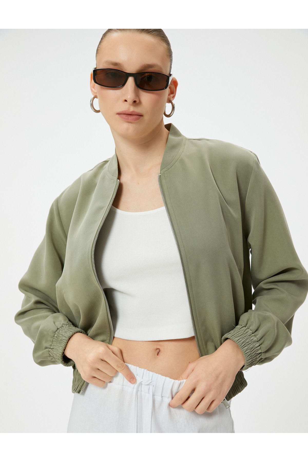 Koton-Bomber Jacket Zippered Elastic Waist Pocket Modal Mixed 1