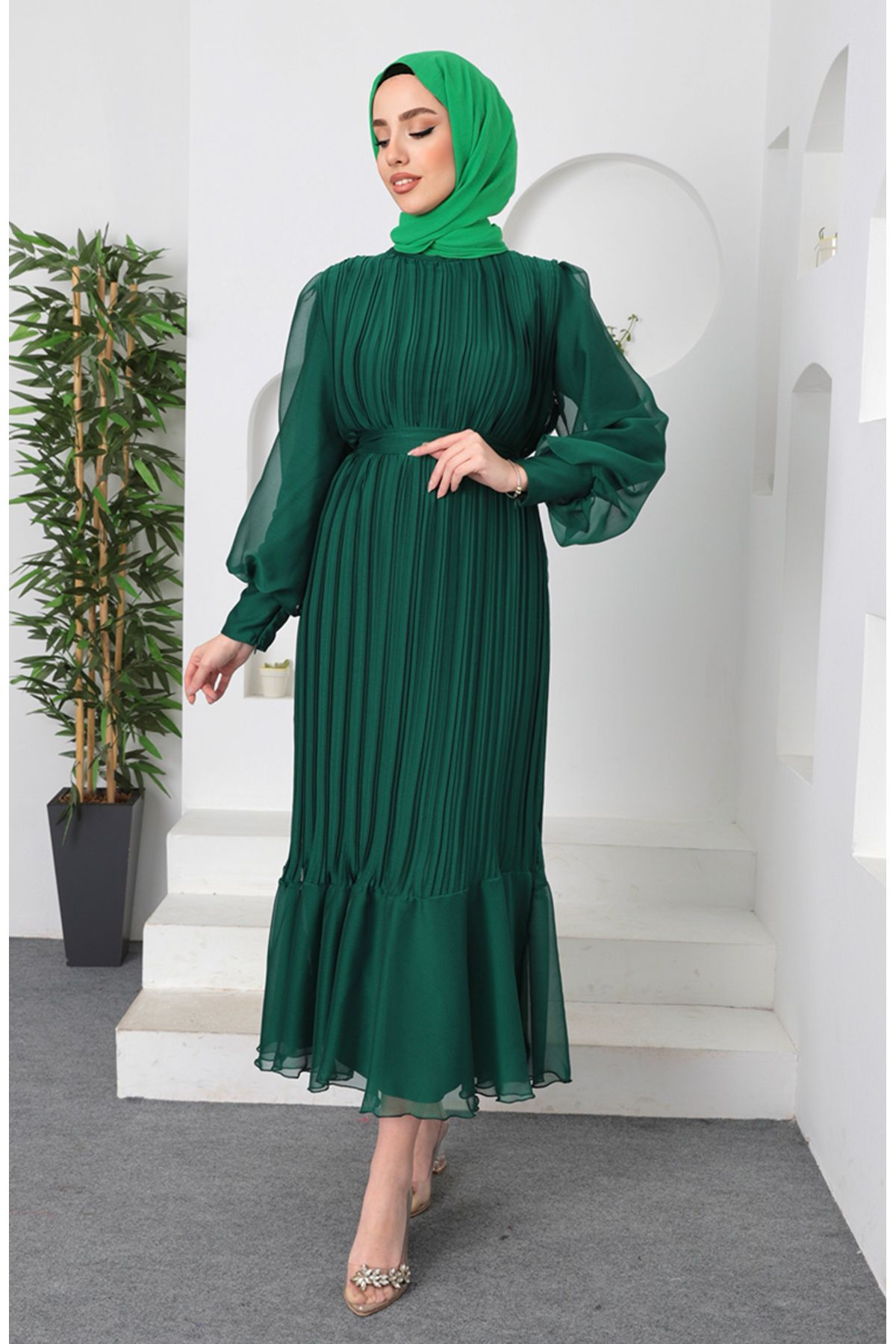 sefamerve-Emerald Green Pleated Janjan Evening Dress - 5510-02 4