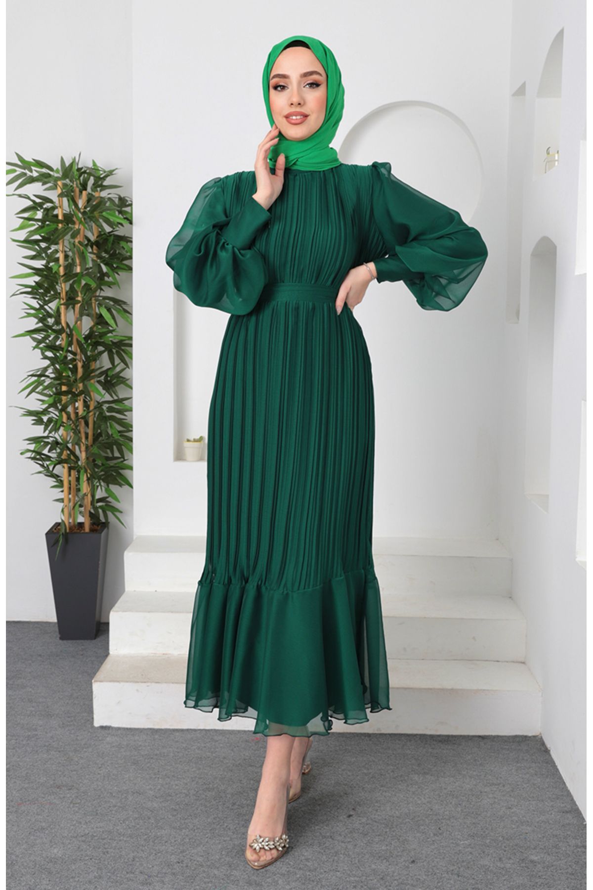 sefamerve-Emerald Green Pleated Janjan Evening Dress - 5510-02 3