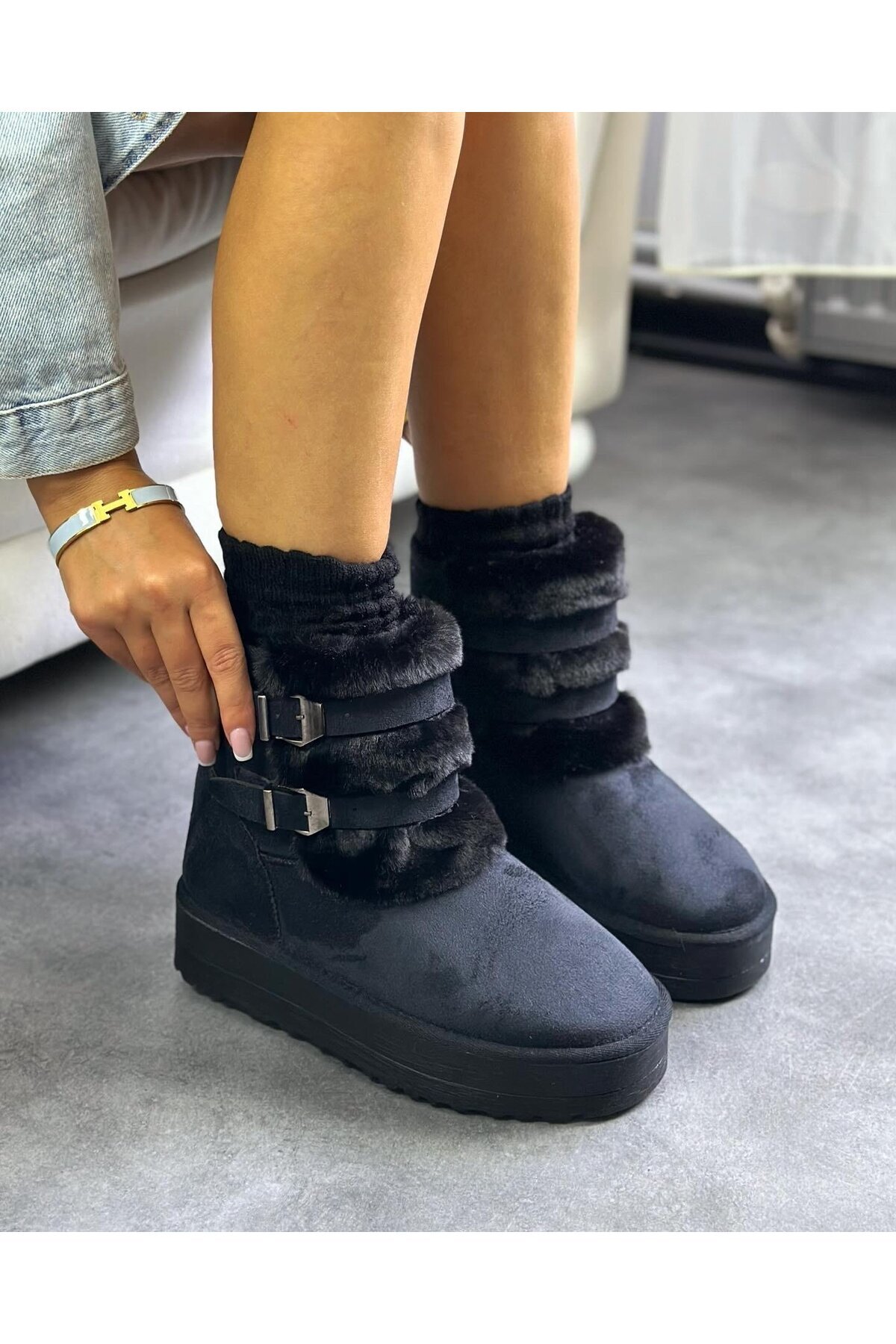 shopcolic 133 2 Tokalı Içi Tüylü Kalın Taban Kadın Bot