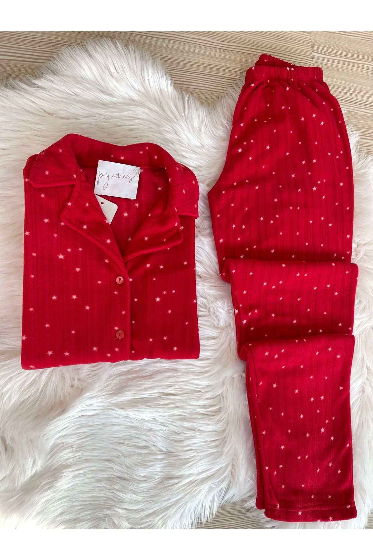 Pijamacs-Fleece Pajama Set - Red Star Pattern, Buttoned Front 3