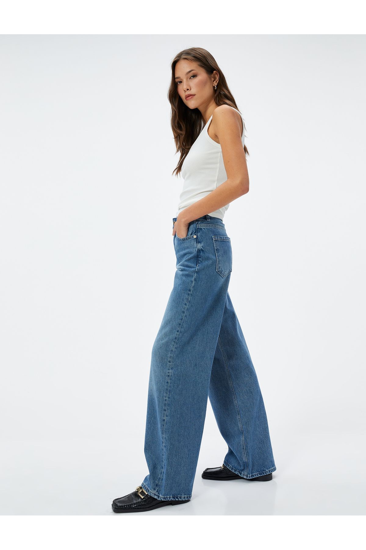 Bol Paça Kot Pantolon Standart Bel Cepli Pamuklu - Bianca Wide Leg Jeans