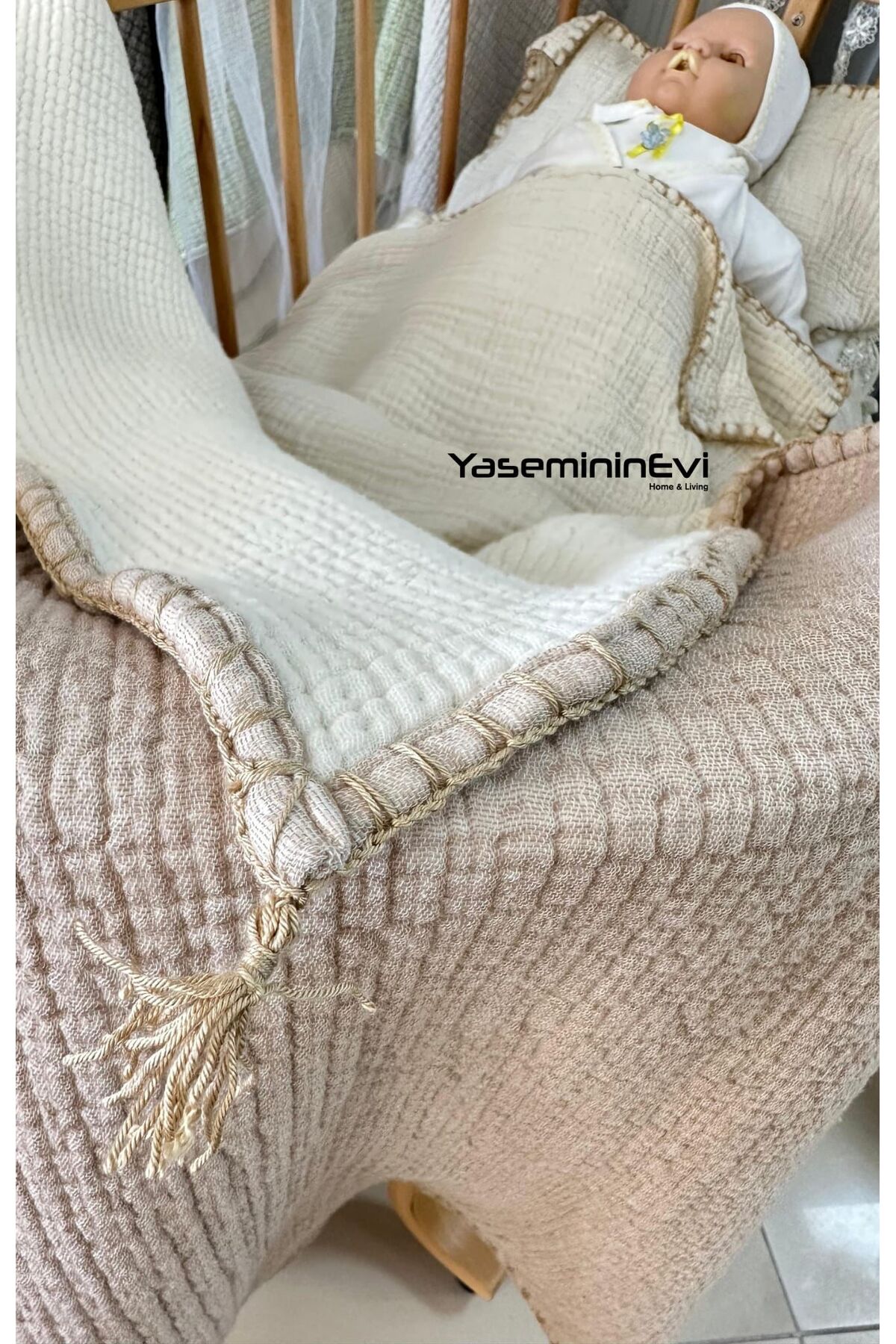 YASEMİNİNEVİ Bej Rengi Müslin Bebek Yorganı Müslin Bebek Yatak Örtüsü fotoğrafı 2 (önizleme)