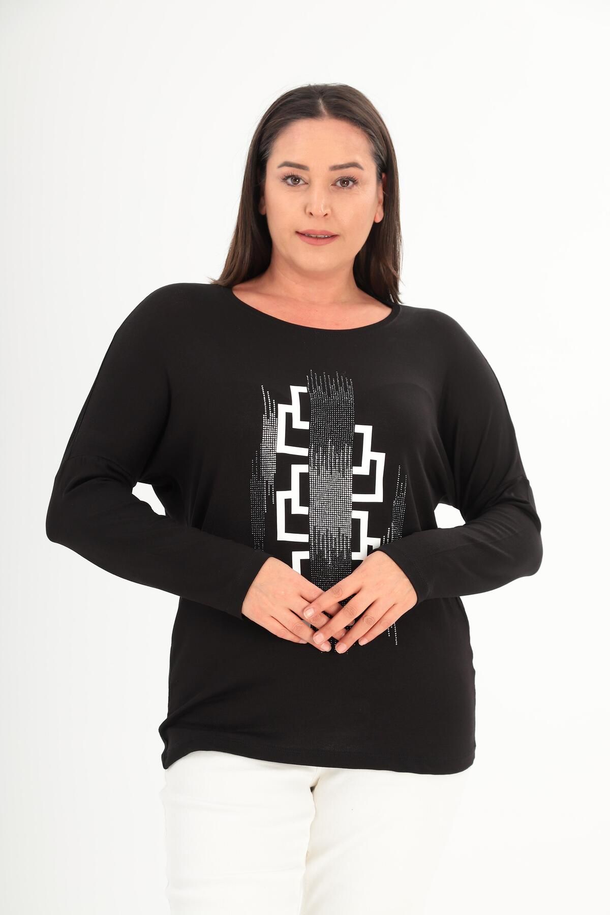 Ebsumu Women's Plus Size Black Stone and White Line Printed Crew Neck ...