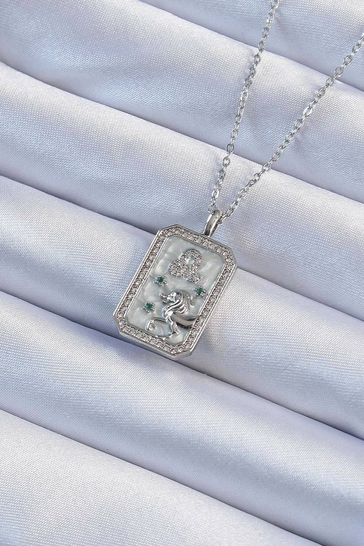 KfksStore 316L Çelik Zincir Gümüş Renk Zirkon Taşlı Aslan Figürlü Tarot Kolye