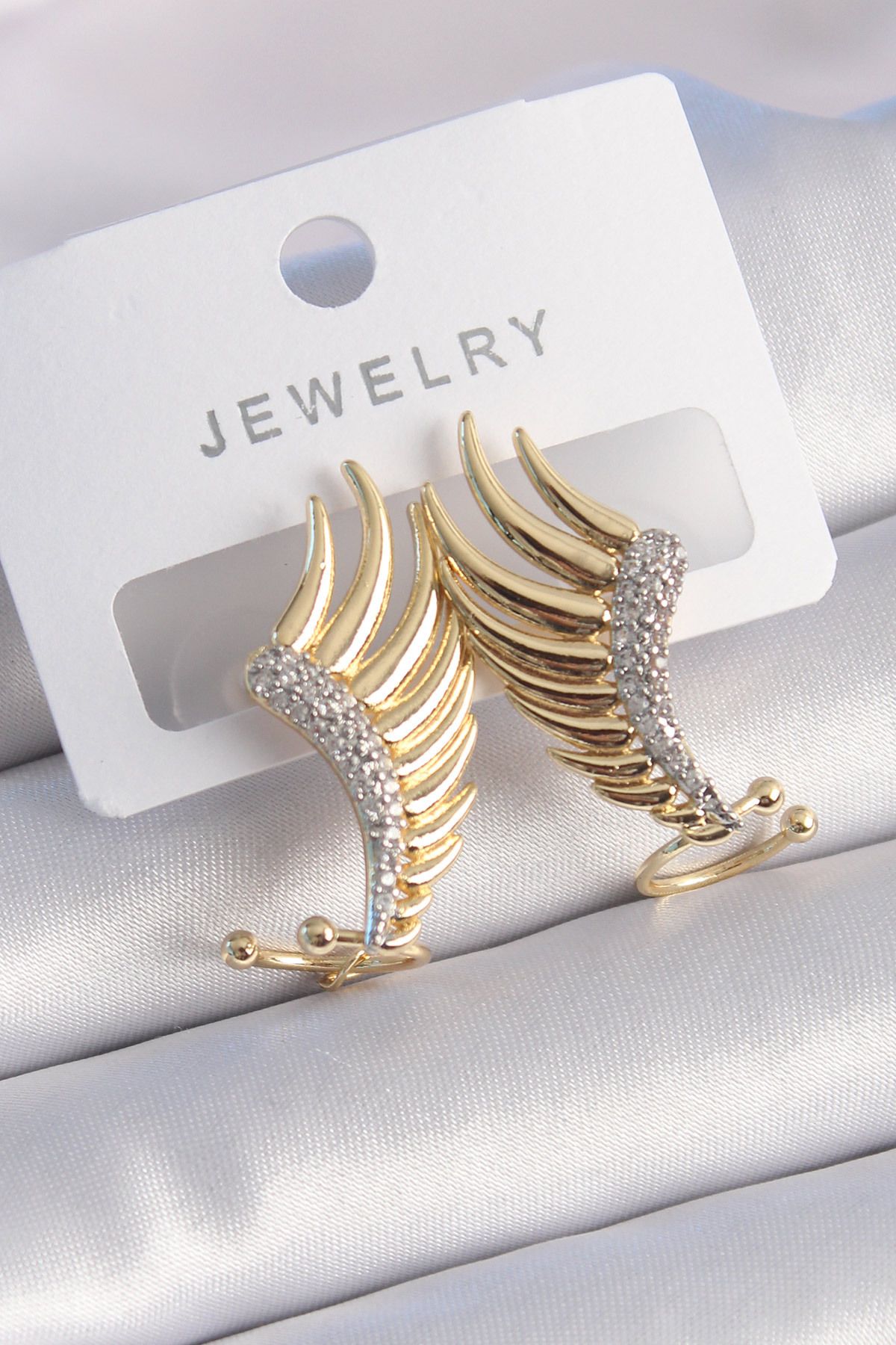 Tekno Yuva Pirinç Gold Renk Zirkon Taşlı Kanat Model Kadın Küpe