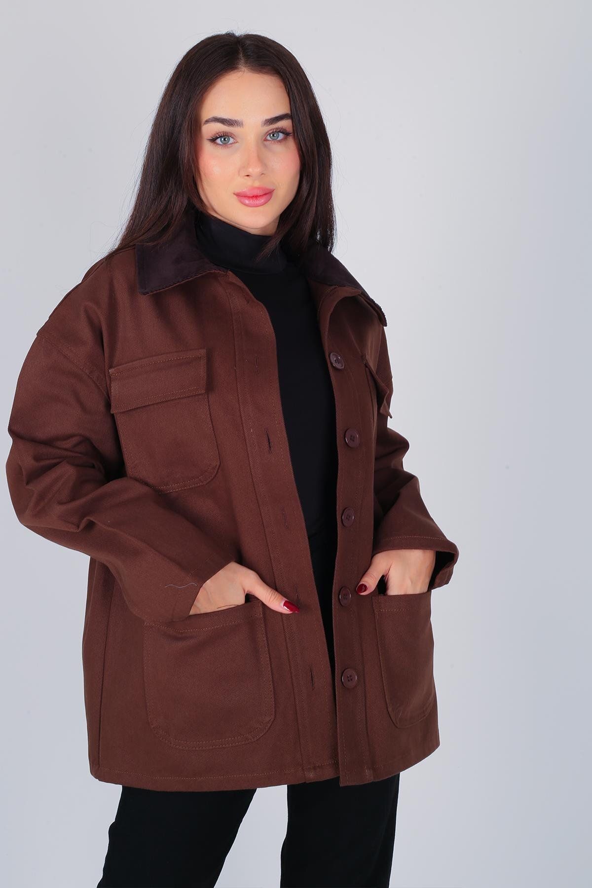 FACETTE-Women's Bitter Brown Collar Velvet Detailed Gabardine Jacket 1