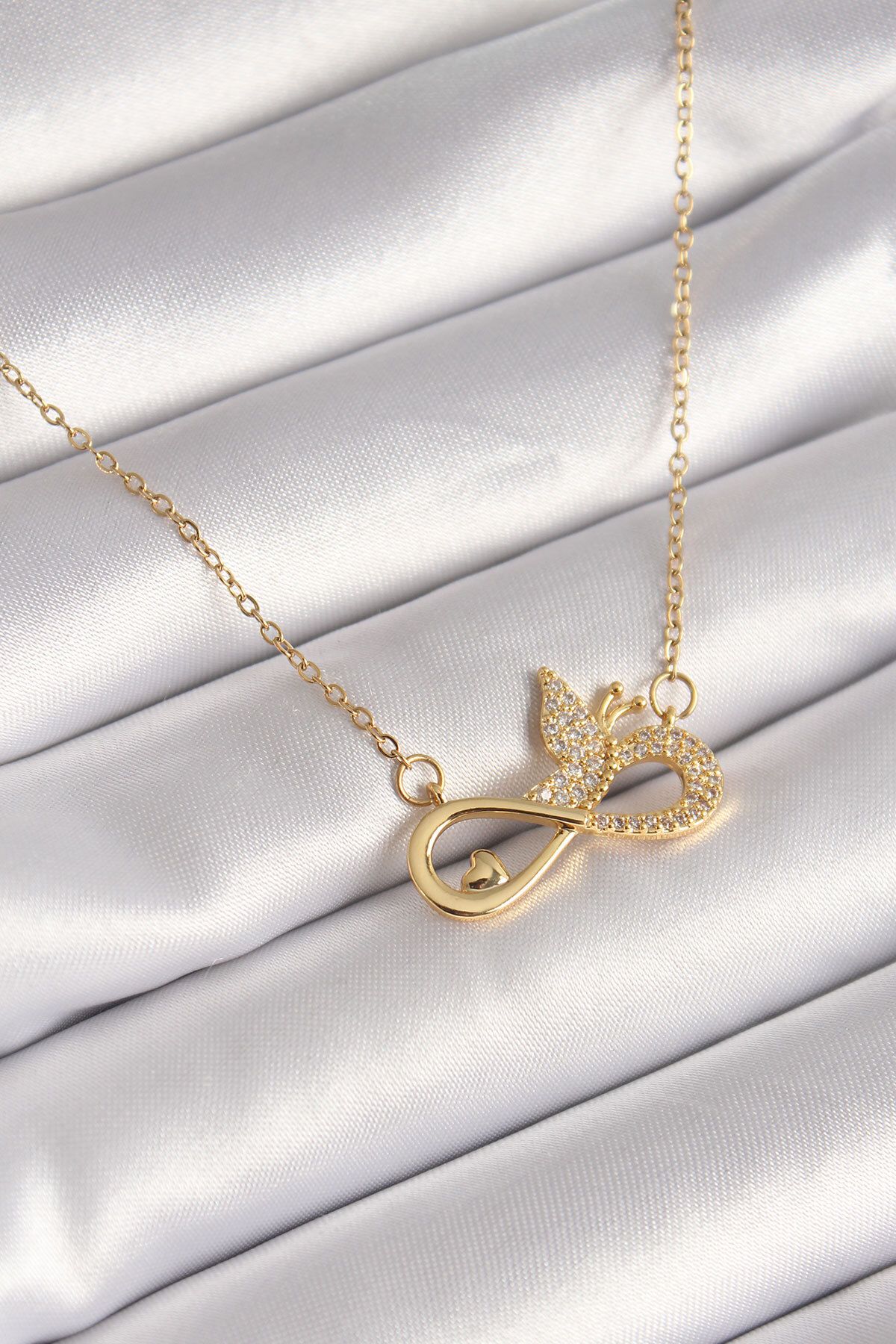BirdoluSepet 316L Çelik Gold Renk Zirkon Zincir Taşı Sonsuzluk Kelebek Model Kadın Kolye