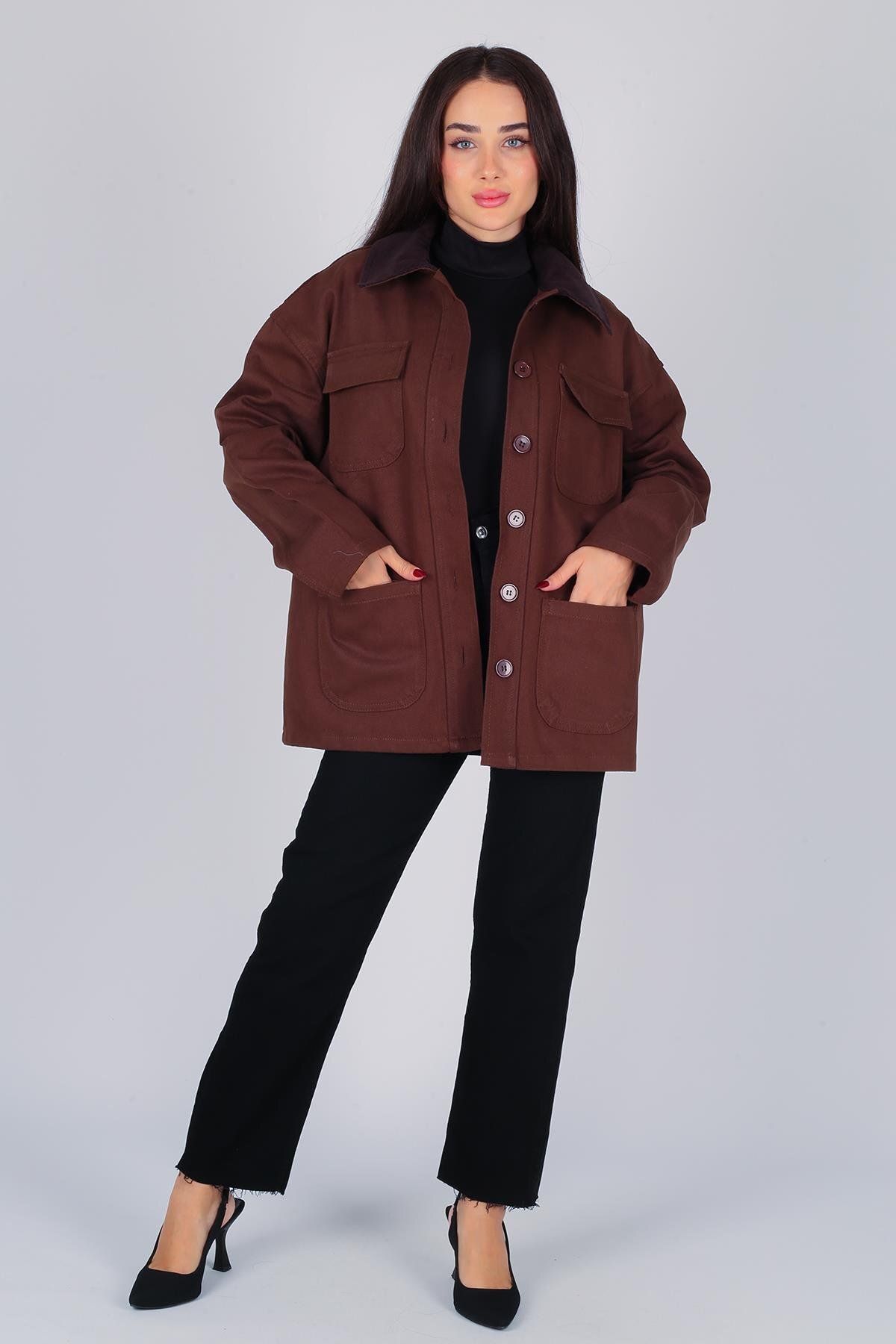 FACETTE-Women's Bitter Brown Collar Velvet Detailed Gabardine Jacket 3