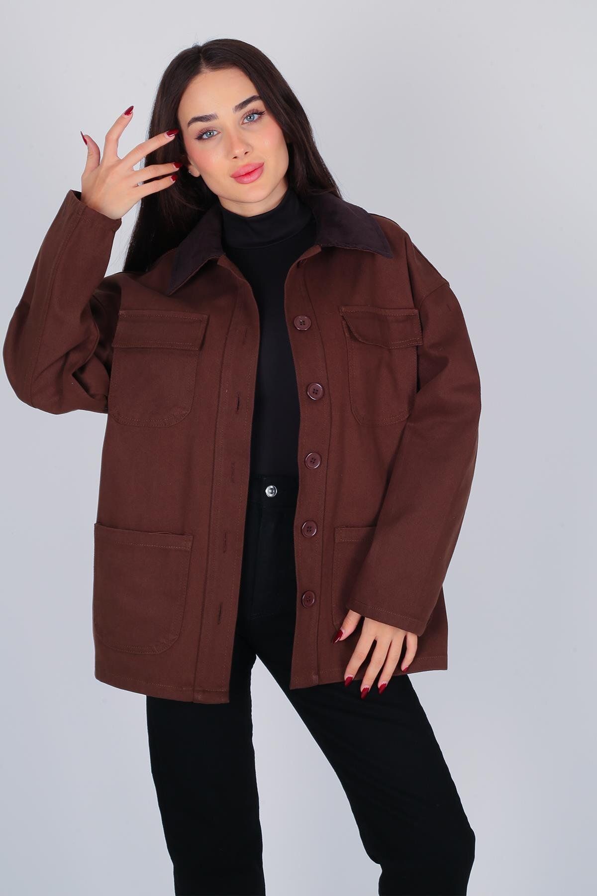 FACETTE-Women's Bitter Brown Collar Velvet Detailed Gabardine Jacket 2