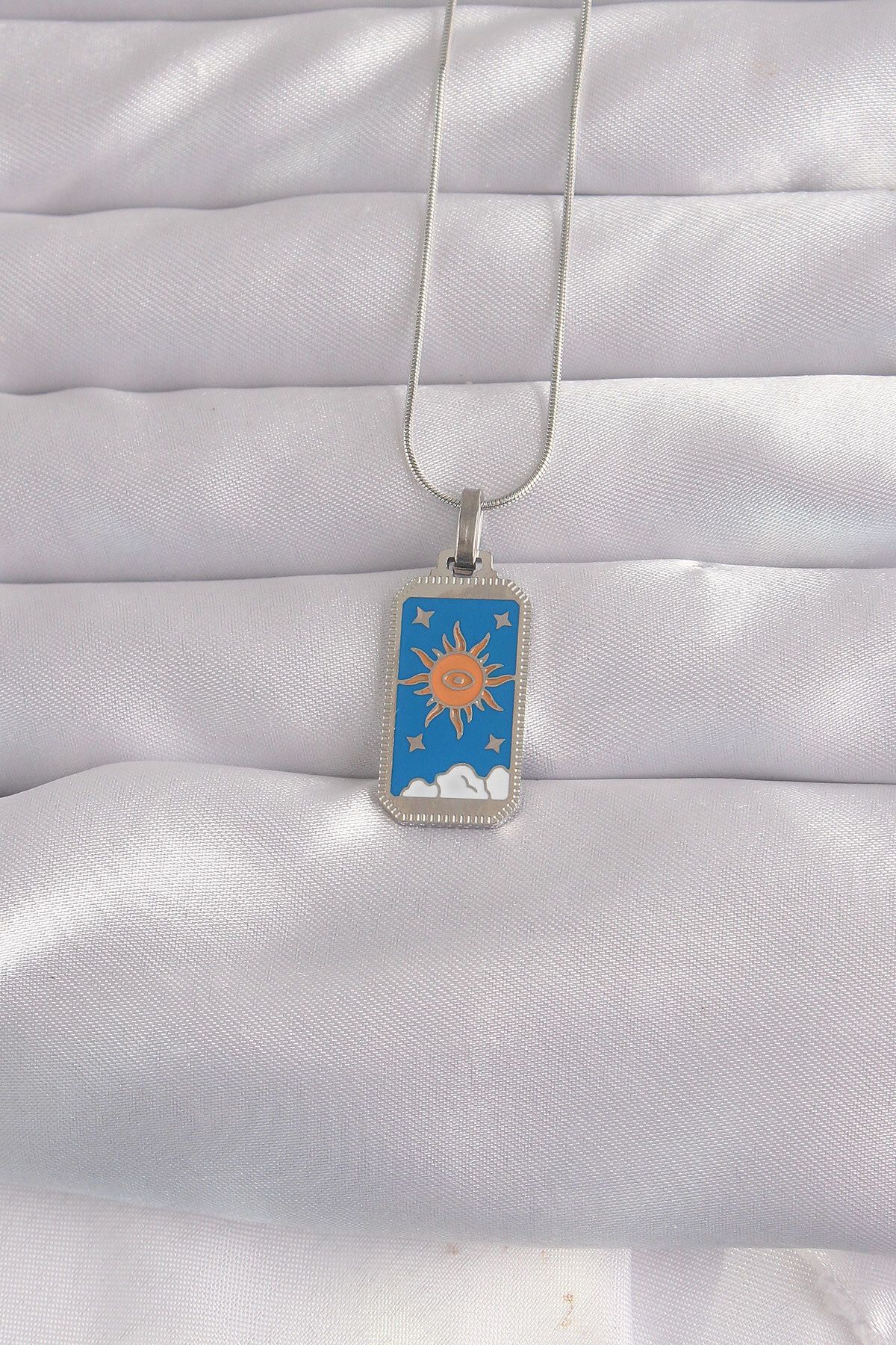 KfksStore 316L Çelik Gümüş Renk Mavi Mineli Güneş Model Tarot Kolye