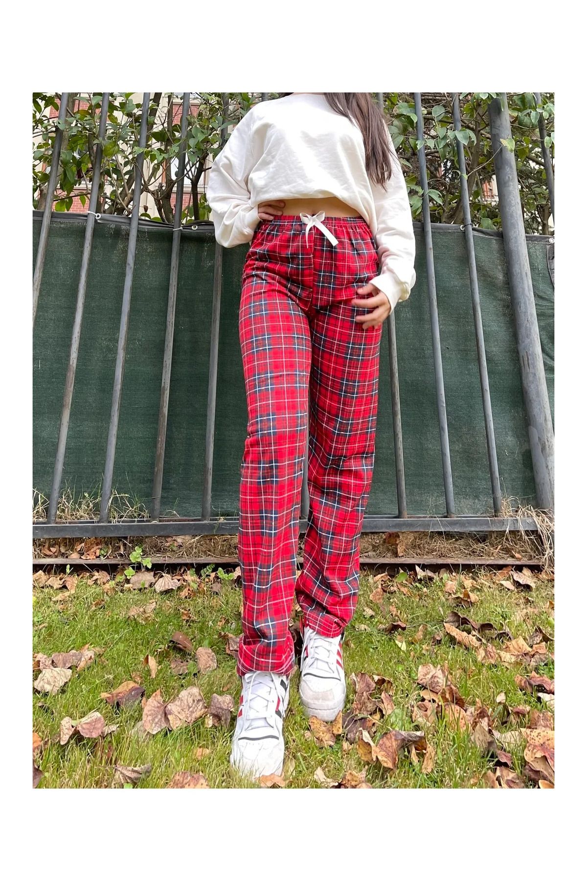 Modaley Giyim-Women's Pajama Bottoms with Plaid Pattern and Ribbon -Ml01 2