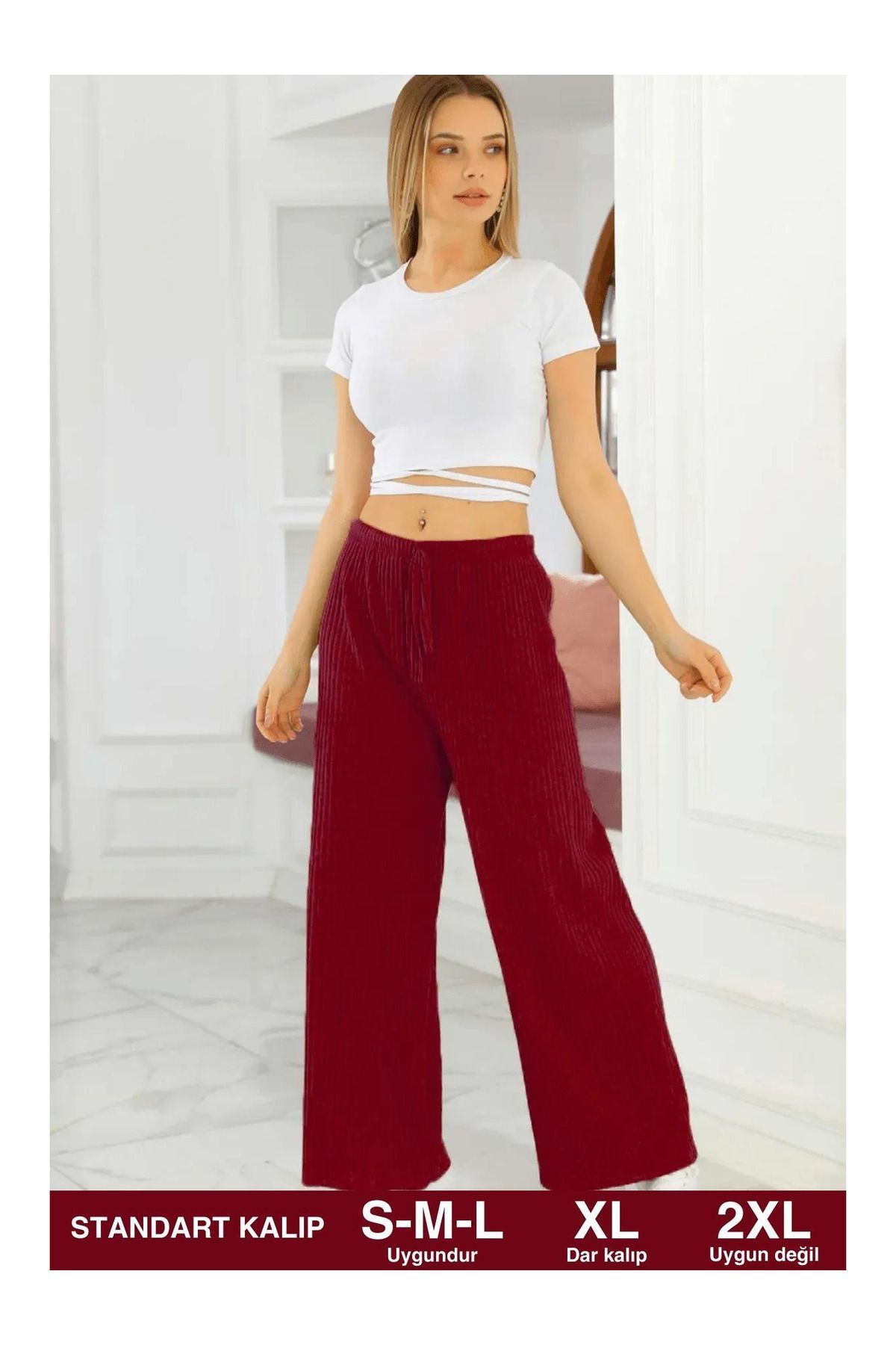 SİERNA Kadın Kaşkorse Fitilli Pijama Altı Standart Kırmızı srn-004242