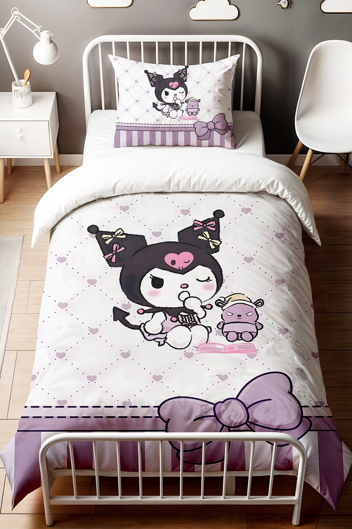 Evpanya Mor Fiyonklu Uykucu Kuromi Desenli Tek Kişilik Bebek Çocuk Nevresim Seti fotoğrafı 2 (önizleme)