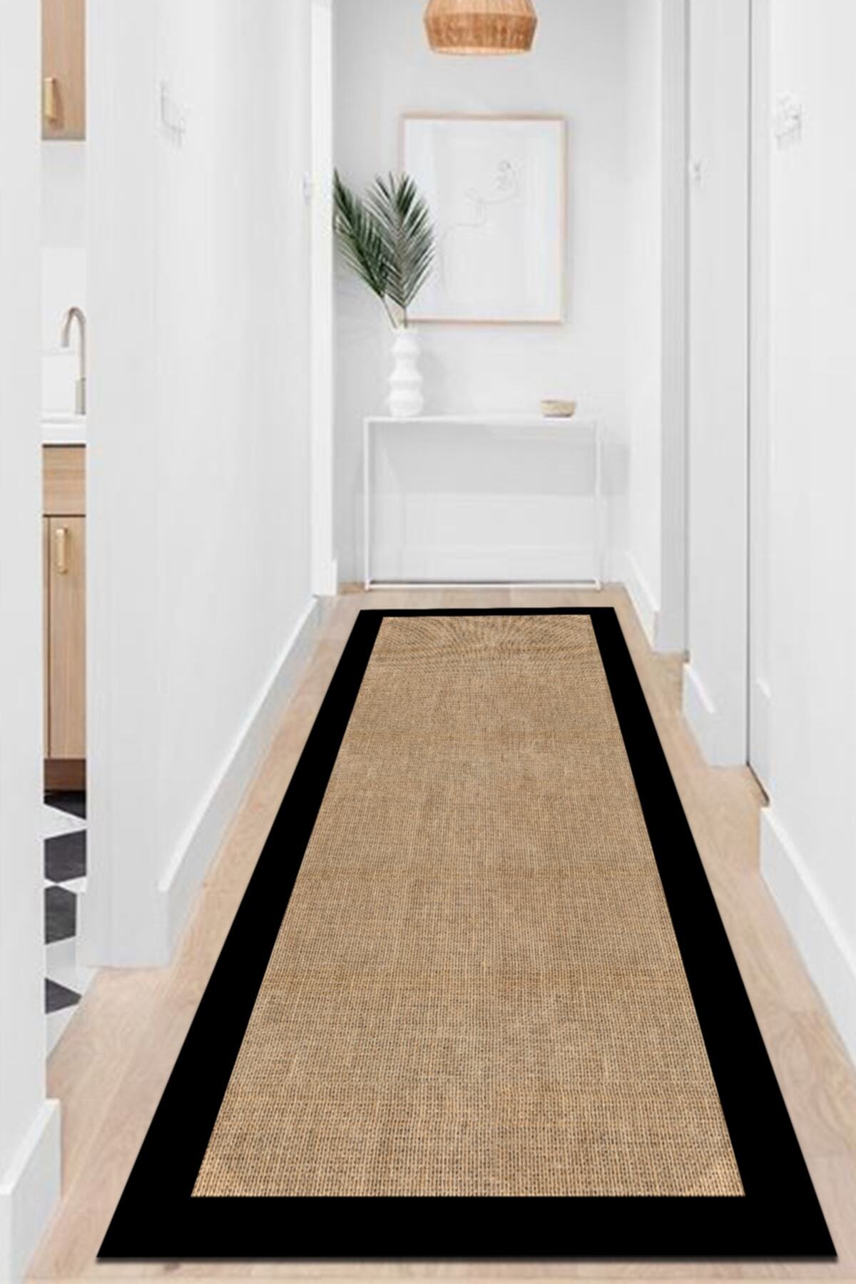 COZIE HOME Dijital Baskılı Kaymaz Taban Makinede Yıkanabilir Jüt Hasır Halı Görünümlü Siyah Çizgili Halı-7027 fotoğrafı 3 (önizleme)