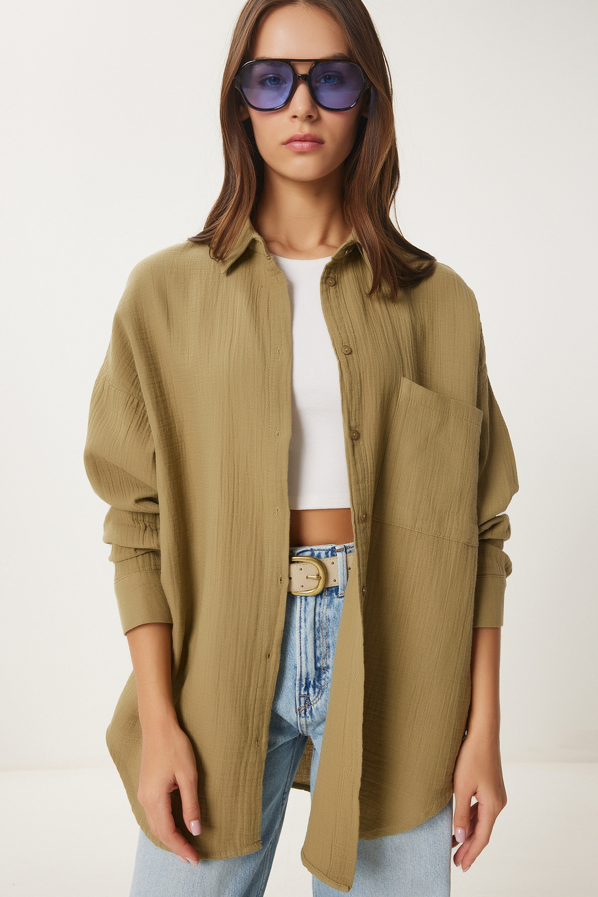 Lovelyİstanbul Oversize Basic Müslin Gömlek YAĞ YEŞİLİ LMX0002 görsel 2
