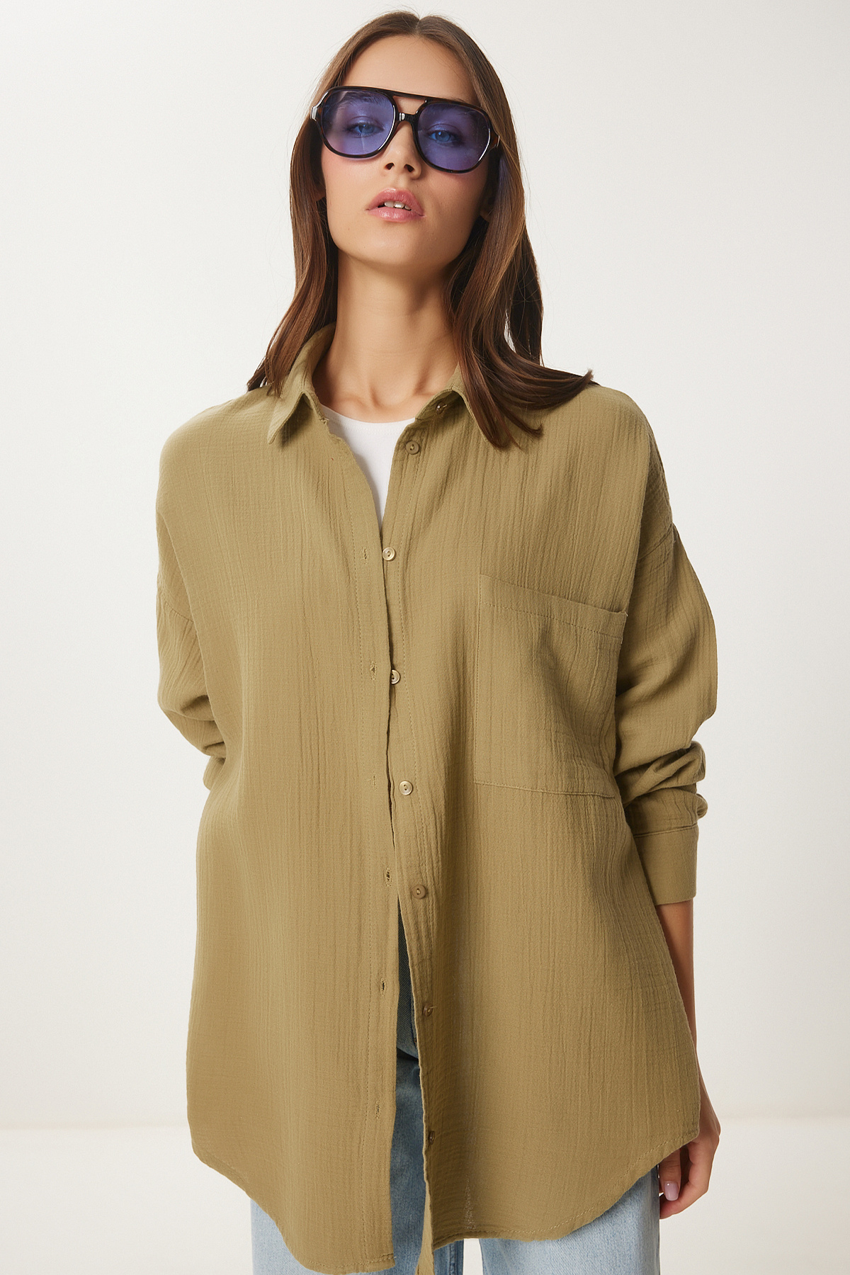Lovelyİstanbul Oversize Basic Müslin Gömlek YAĞ YEŞİLİ LMX0002 görsel 4