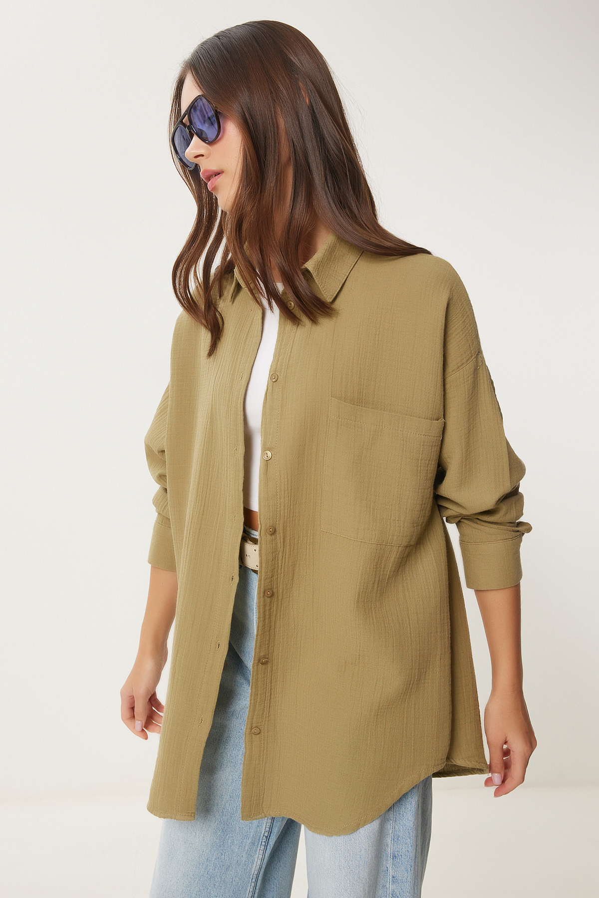 Lovelyİstanbul Oversize Basic Müslin Gömlek YAĞ YEŞİLİ LMX0002 görsel 5