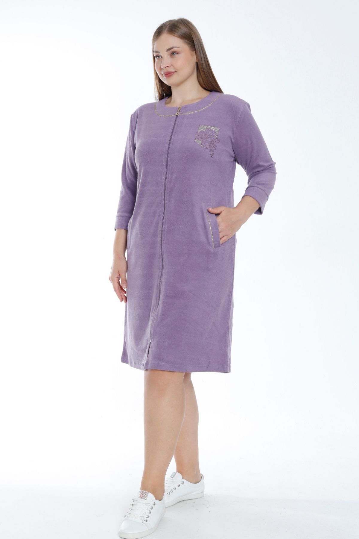 İntensive-Women's Purple Zip-Up Three-Quarter Sleeves Pocket Ribbed Stone Detailed Cotton Terry Plus Size Dress 2