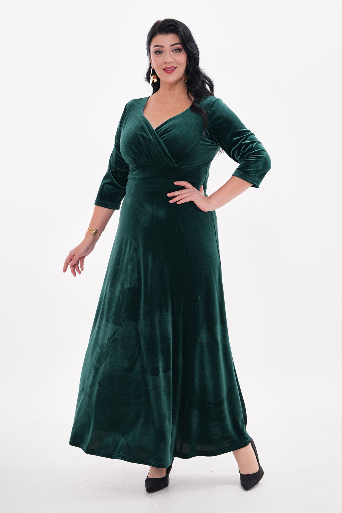 IŞILTI-Plus Size Velvet - Flexible Lycra, Double Breasted Neckline and Half Sleeve Long Skirt 3121 1