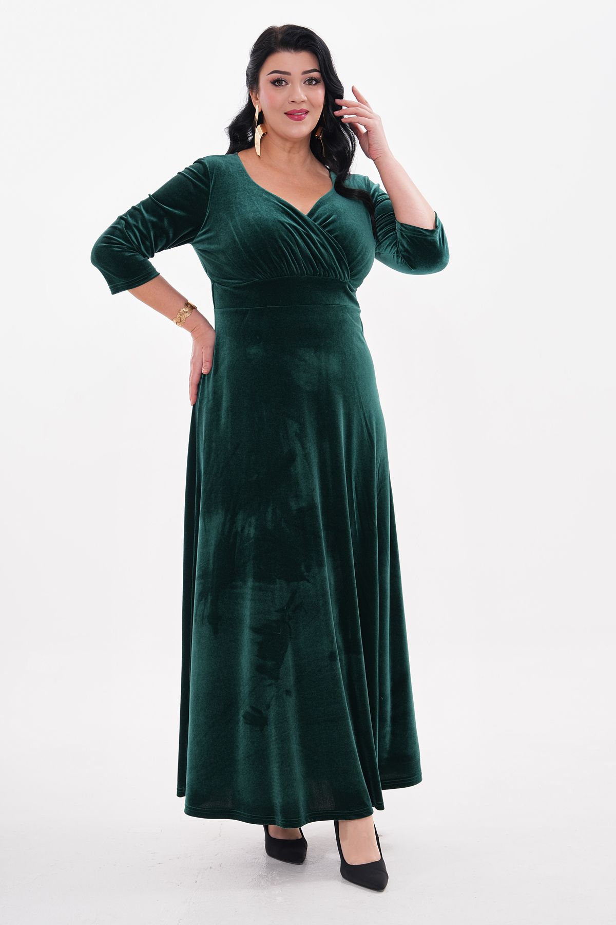 IŞILTI-Plus Size Velvet - Flexible Lycra, Double Breasted Neckline and Half Sleeve Long Skirt 3121 3