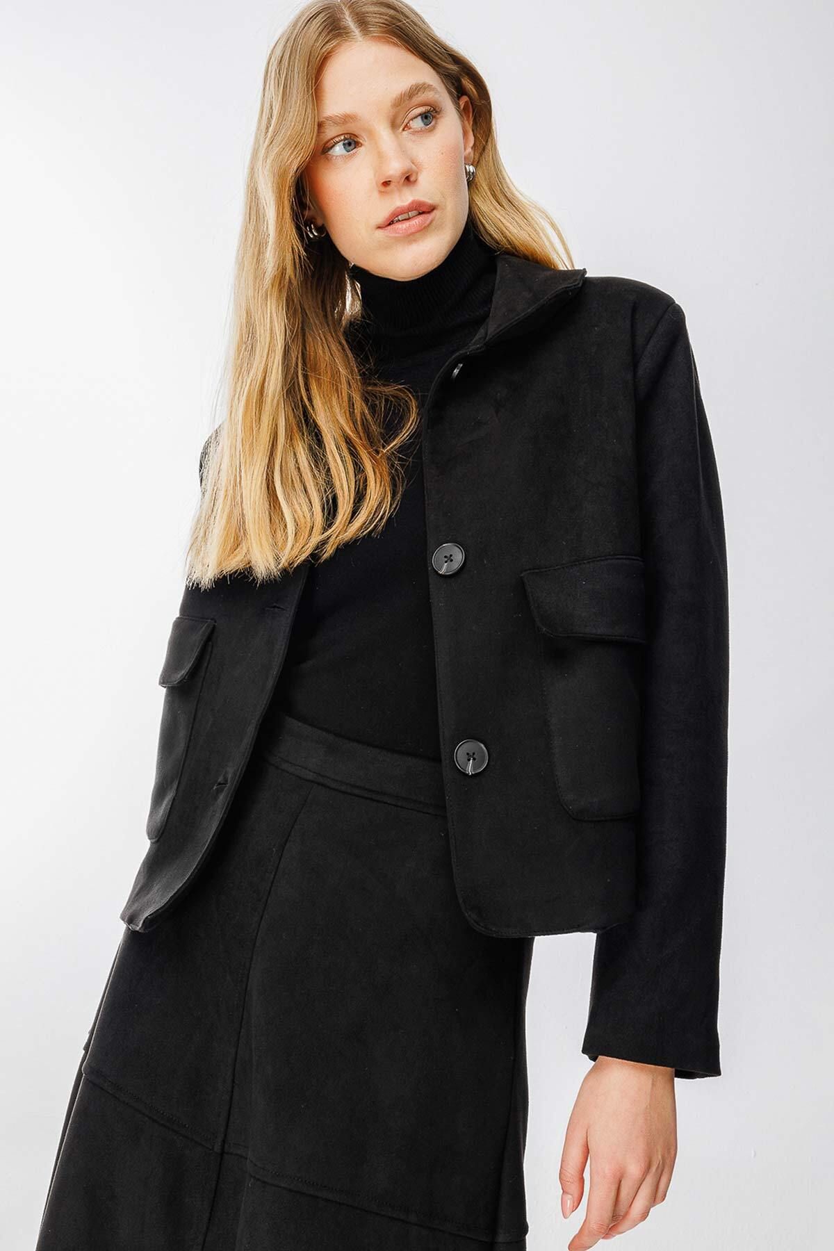 Hooopstore-Suede Leather Midi Length Black Jacket 4