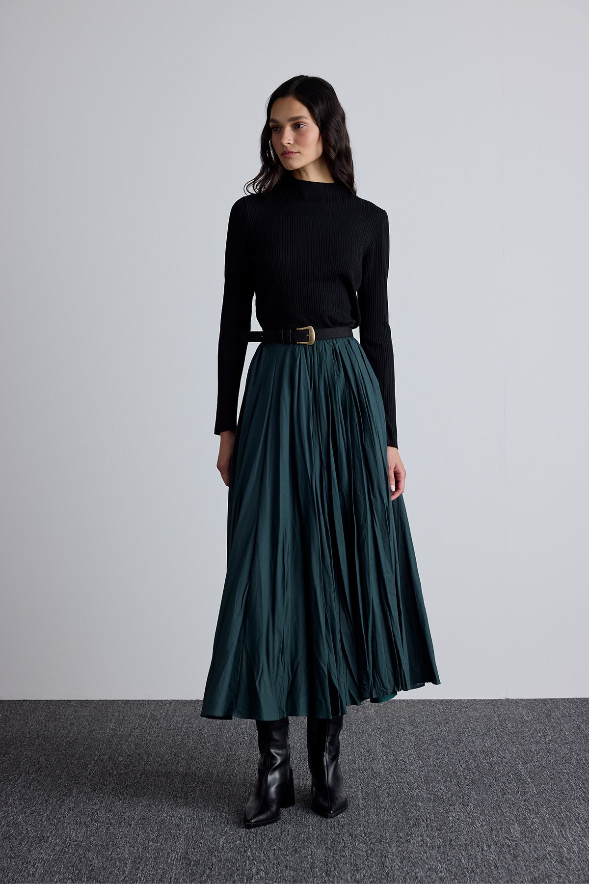 Manuka-Green Pleated Maxi Skirt 4