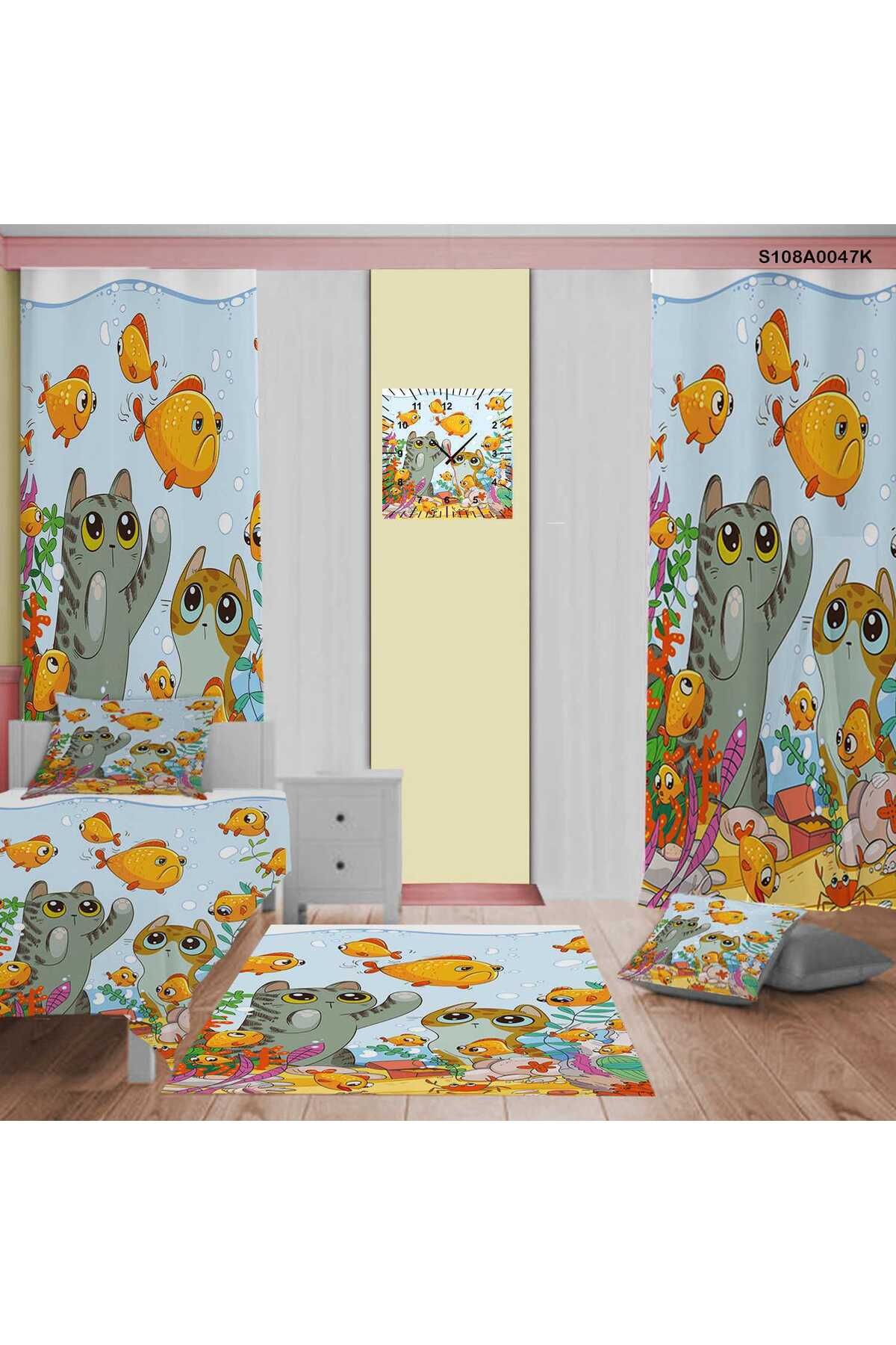 A2ZTR-Cat Fishes for Kids and Baby Room - Curtain,Bed Cover,Tape,Square Wall Watch,Pillow and Cover Case 1