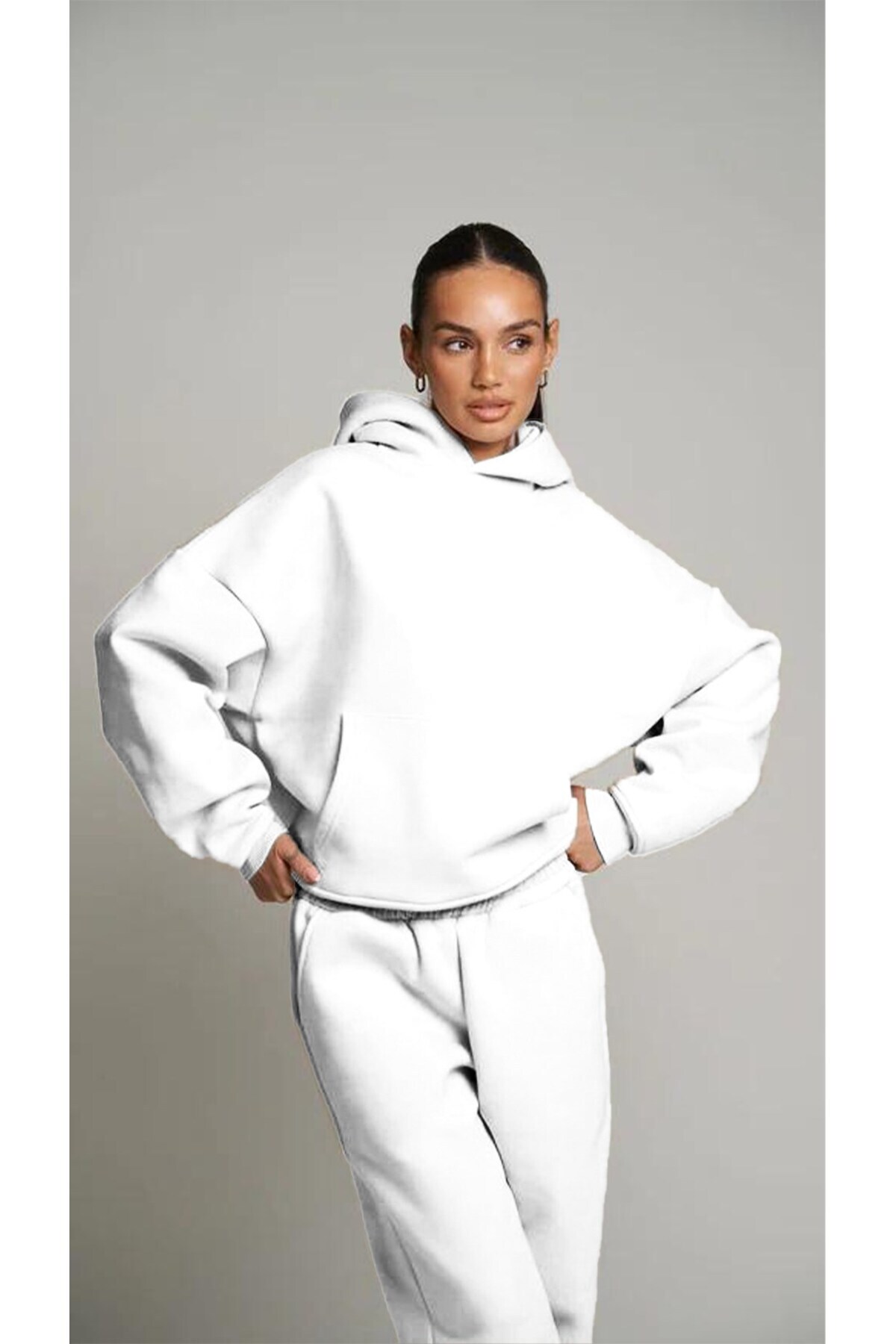 The Champ Clothing-Set de trening supradimensionat cu glugă albă, cu talie elastică, cu buzunar pentru picior 6