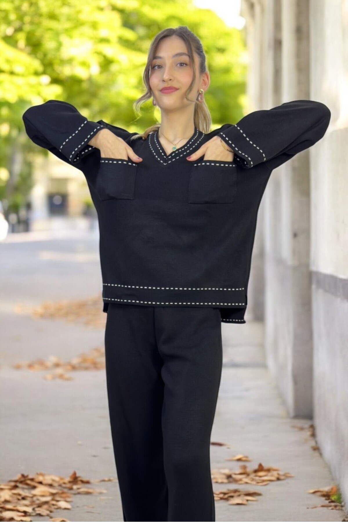 yagmurberen-Stitch Patterned 100% Acrylic V-Neck Bottom Top Kit Set 8