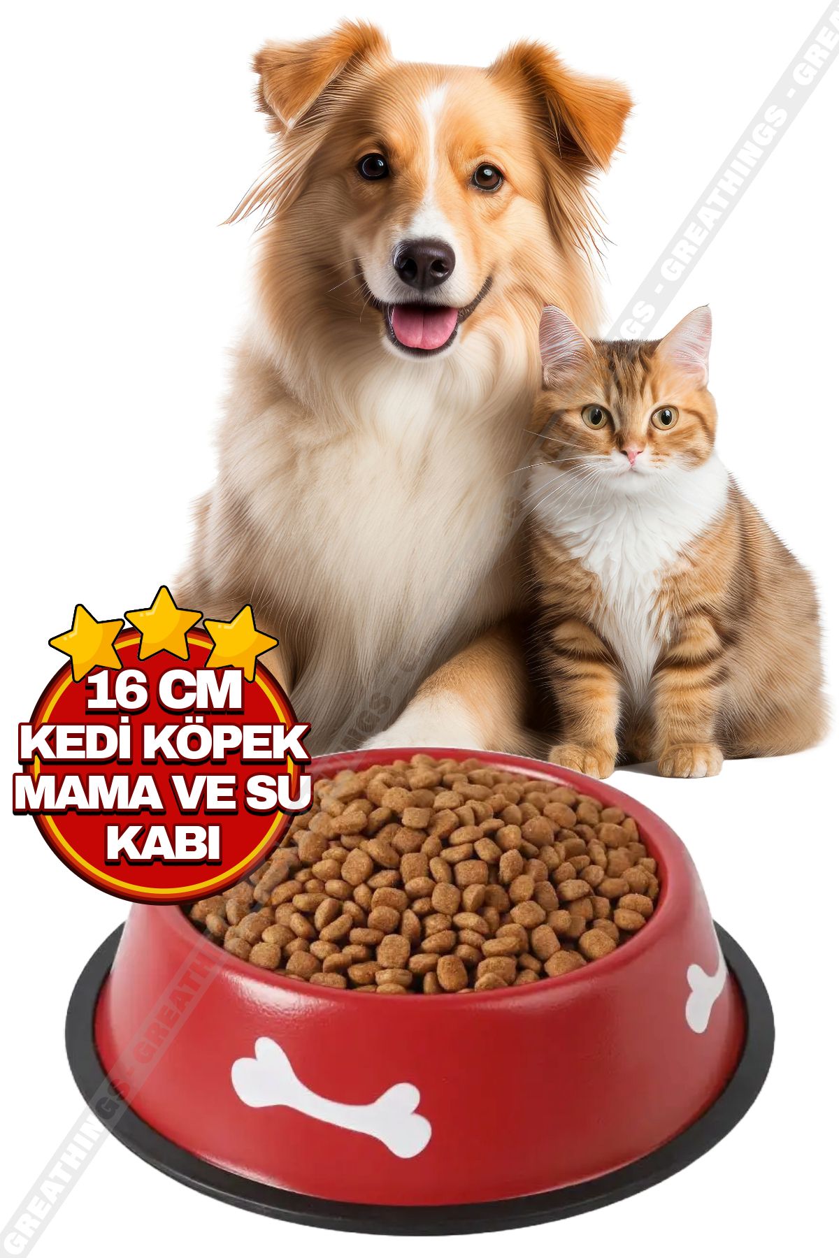 Greathings-16 cm Metal Cat |   Dog Food Bowl, Water Bowl, Bone Patterned Food and Water Bowl Red 1